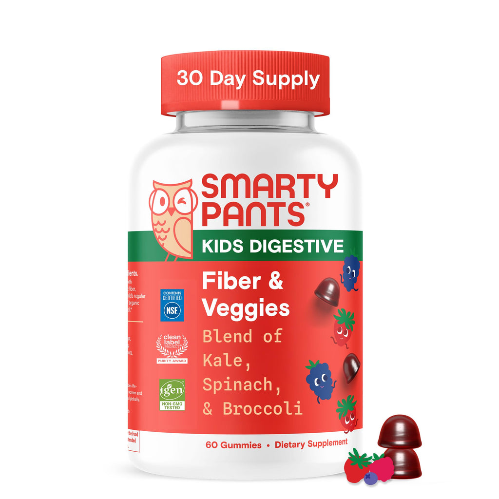 SmartyPants Kids Fiber & Veggies: Prebiotic Fiber Gummies for Kids, Fiber Supplement with Inulin, Organic Green Veggie Blend, Vegan, Gluten Free