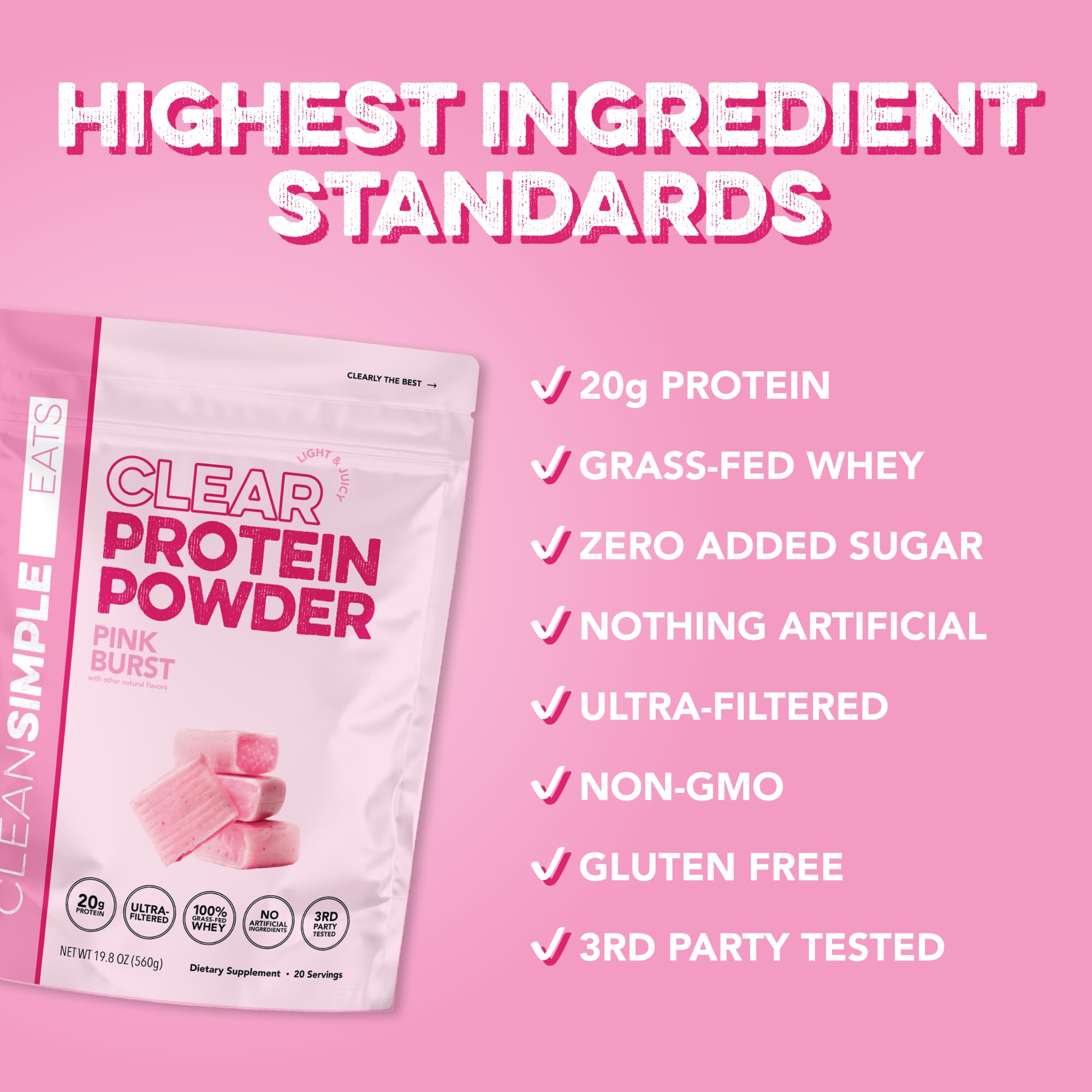 Clean Simple Eats Clear Protein Drinks, 20G Grass Fed Whey Protein Isolate, Ultra Filtered, Light & Refreshing Beverage, Low Lactose, No Artificial Ingredients,