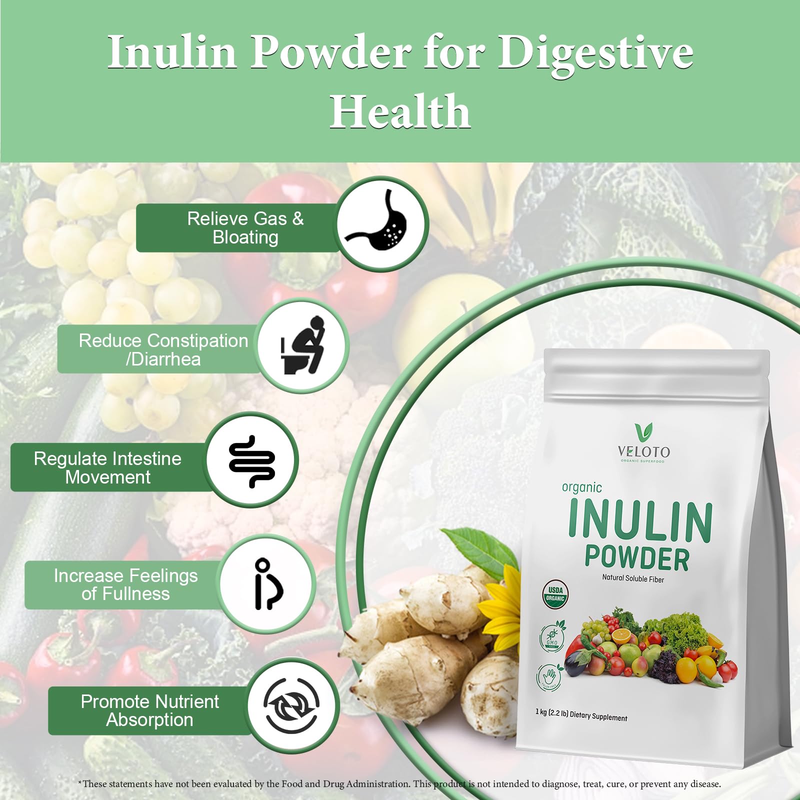VELOTO Organic Inulin Powder – Prebiotic Fiber Supplement for Smoothies & Drinks, 2.2 lb, Flavorless, Water Soluble, Vegan & Non-GMO