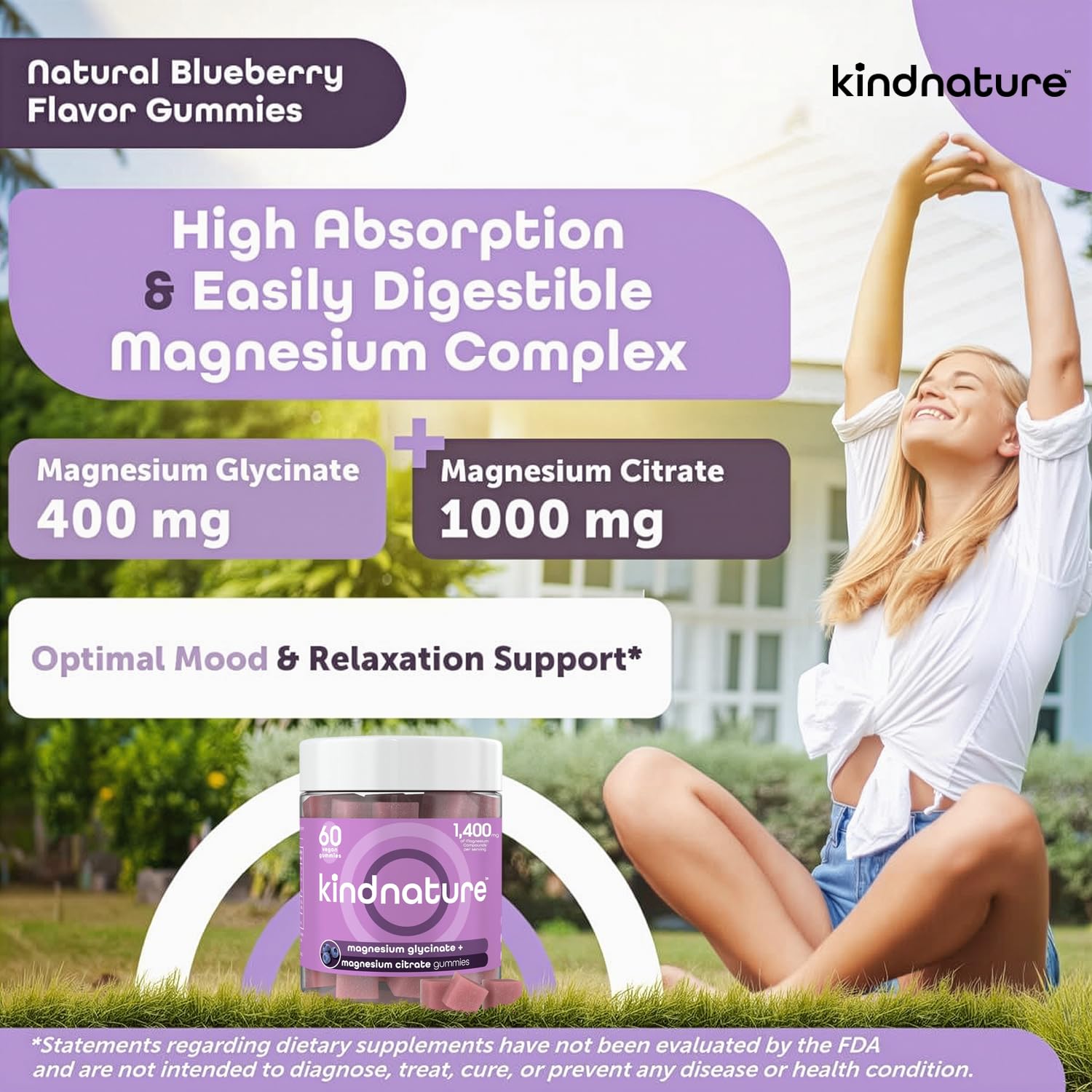 kindnature Magnesium Glycinate & Citrate Gummies – Calm Magnesium Complex for Sleep, Stress, Cramps & Digestion – Chewable Vegan Magnesium