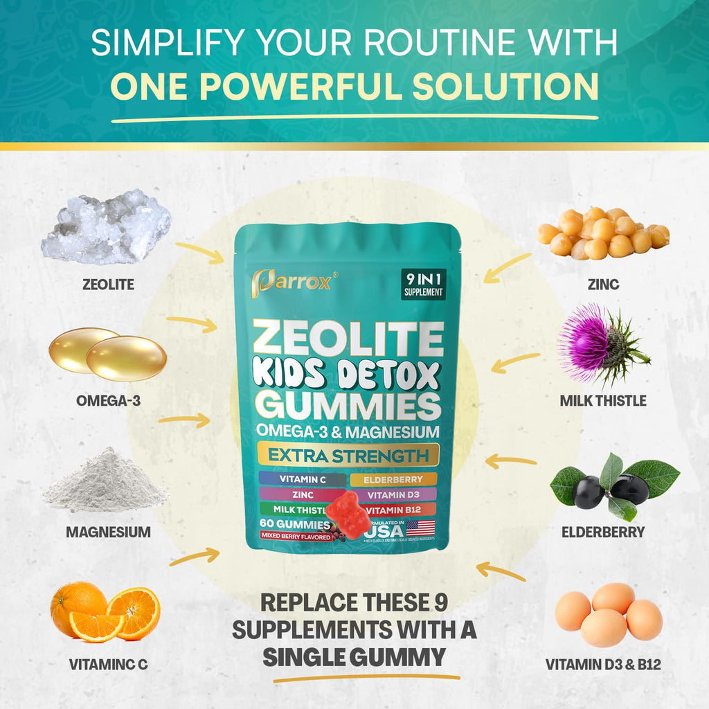 Parrox Zeolite Kids Gummies, 9-in-1 with Zeolite, Omega-3, Magnesium, Elderberry, Vitamin C, Milk Thistle, Vitamin D3, Zinc, B12 – Sugar-Free
