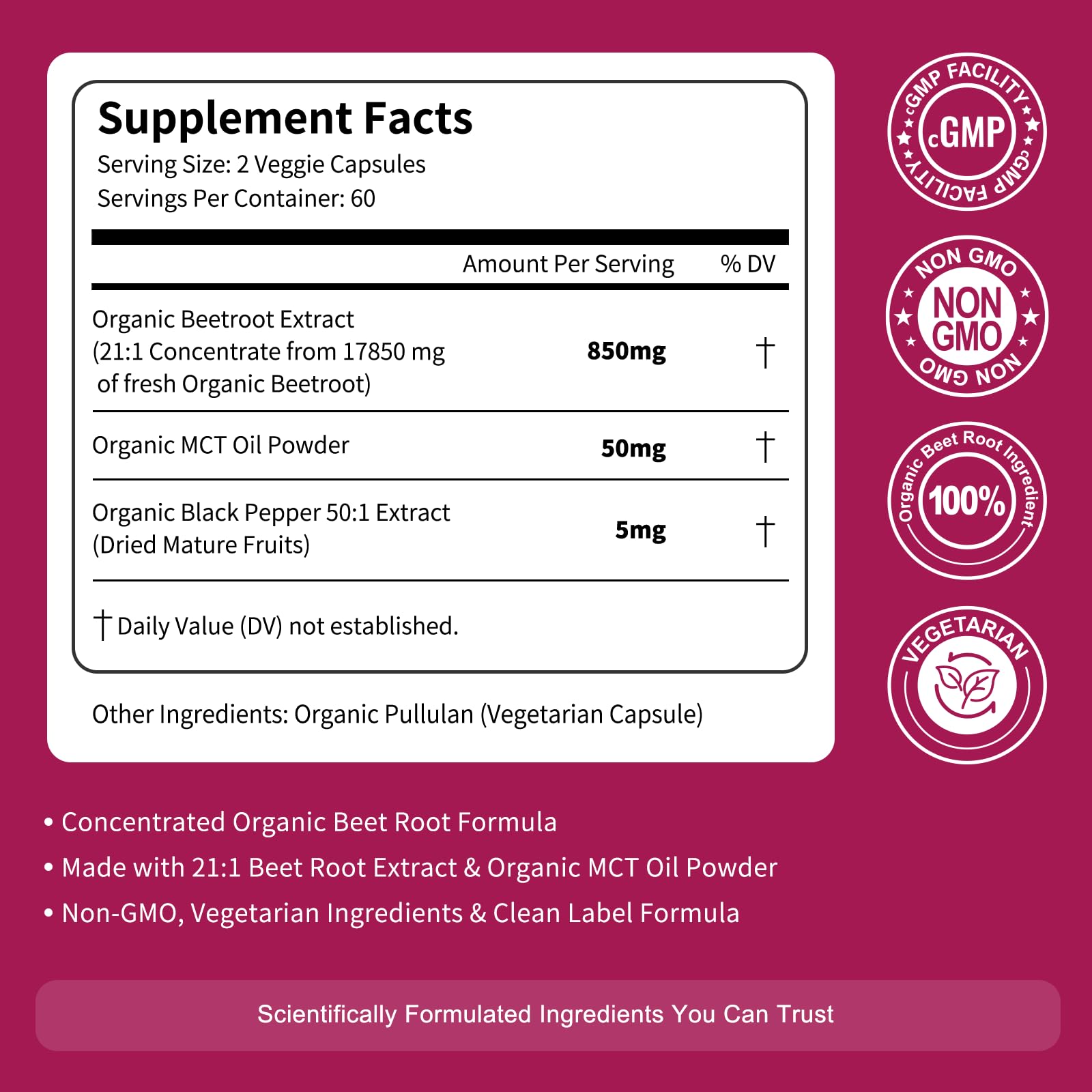 Vitarevive Organic Beet Root Capsules with Beetroot Extract 17850mg 21:1 Concentrated Beetroot Supplement Supports Circulation and Nitric Oxide