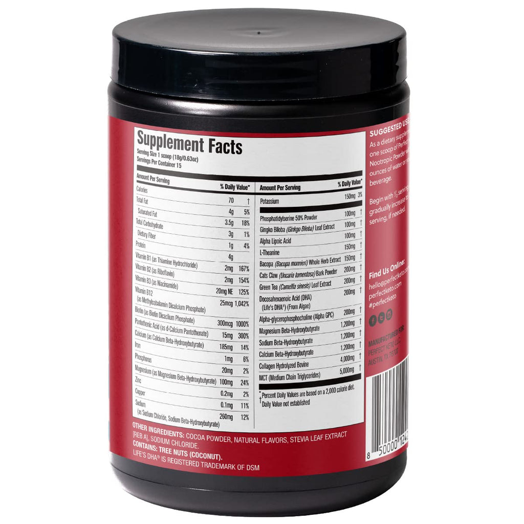 Perfect Keto Nootropic Brain Support, Caffeine Free Focus and Energy Supplement with Alpha Lipoic Acid, L Theanine, Ginkgo Biloba, Alpha GPC, MCT's, Collagen, Ketones, Chocolate Drink Mix, 15 Servings Perfect Keto Au supplements