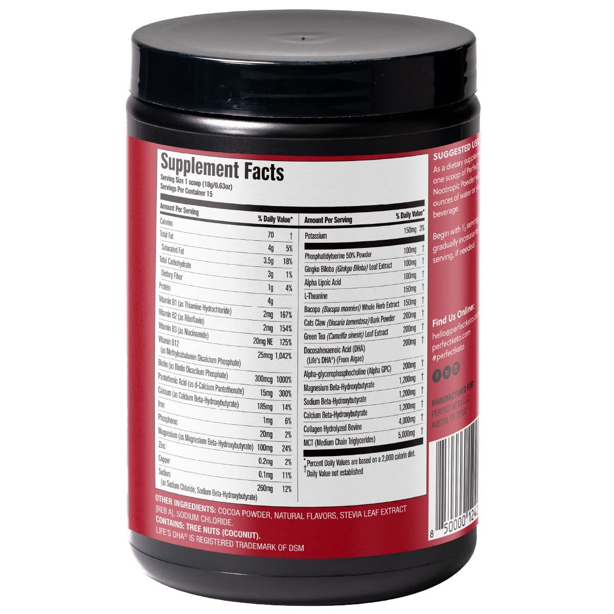 Perfect Keto Nootropic Brain Support, Caffeine Free Focus and Energy Supplement with Alpha Lipoic Acid, L Theanine, Ginkgo Biloba, Alpha GPC, MCT's, Collagen, Ketones, Chocolate Drink Mix, 15 Servings Perfect Keto Au supplements