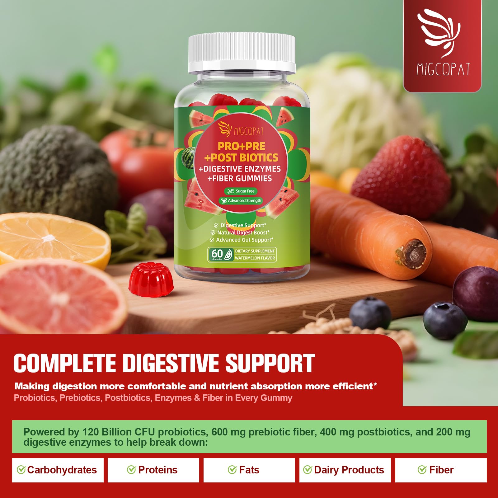 Migcopat Pre Post Probiotics Gummies, Probiotic Prebiotic Postbiotic Digestive Enzymes with Fiber, 120 Billion CFU Probiotics - Digestive Health