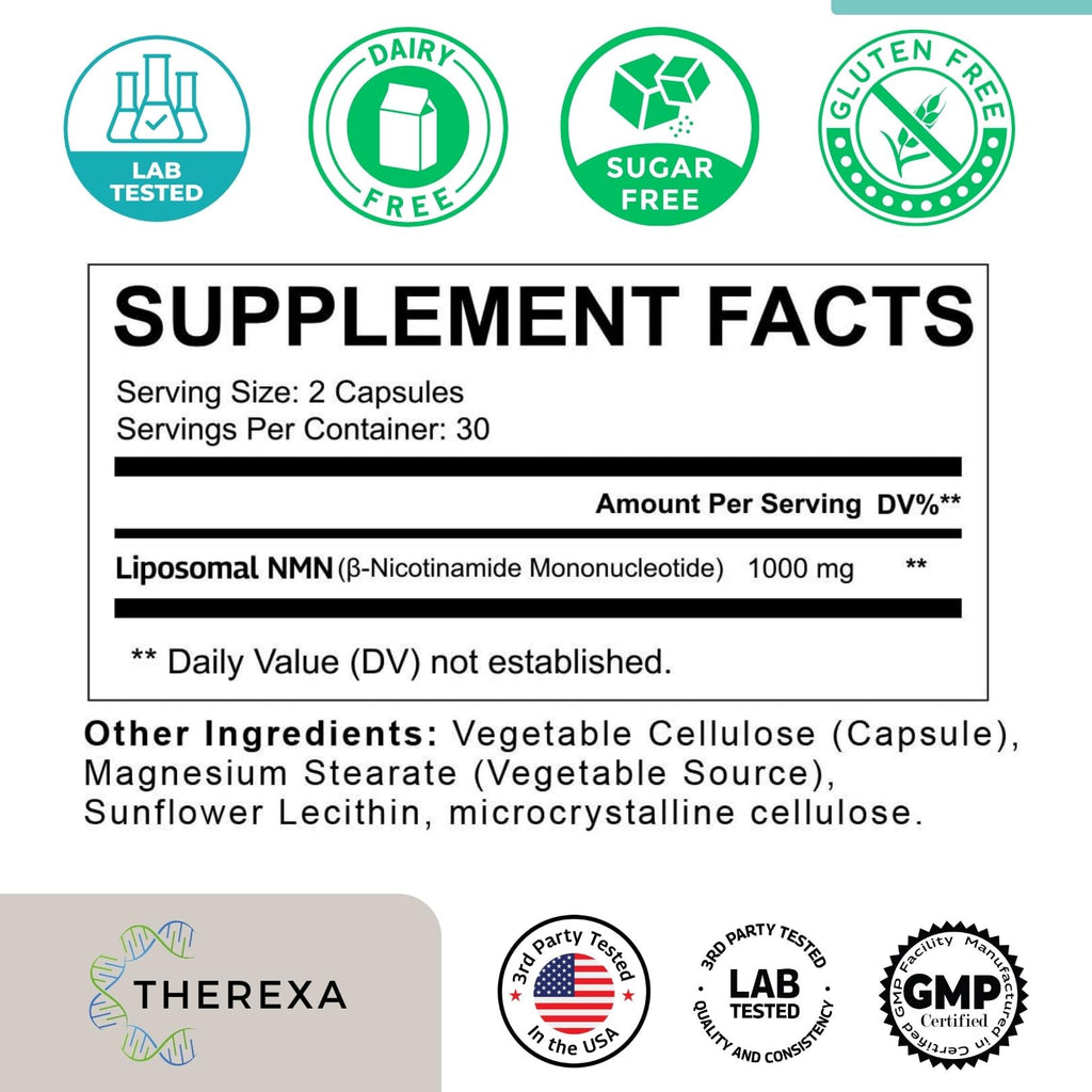 NMN Supplement 1000mg Pure - Liposomal NMN for NAD+ Supplement, Tested in USA, 60 Capsules THEREXA Au supplements