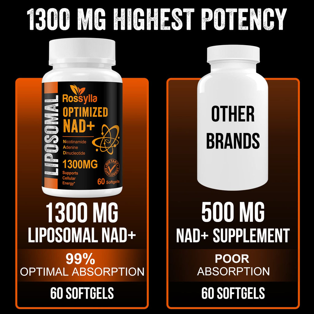 Rossylla 1300 MG Liposomal NAD+ Supplement | Highest Absorption | Purest NAD Supplemet to Boost NAD+ Effetively | Boosting NAD+ Supplement for Aging Defese, Cellular Energy, Longevity | 60 Count Rossylla Au supplements