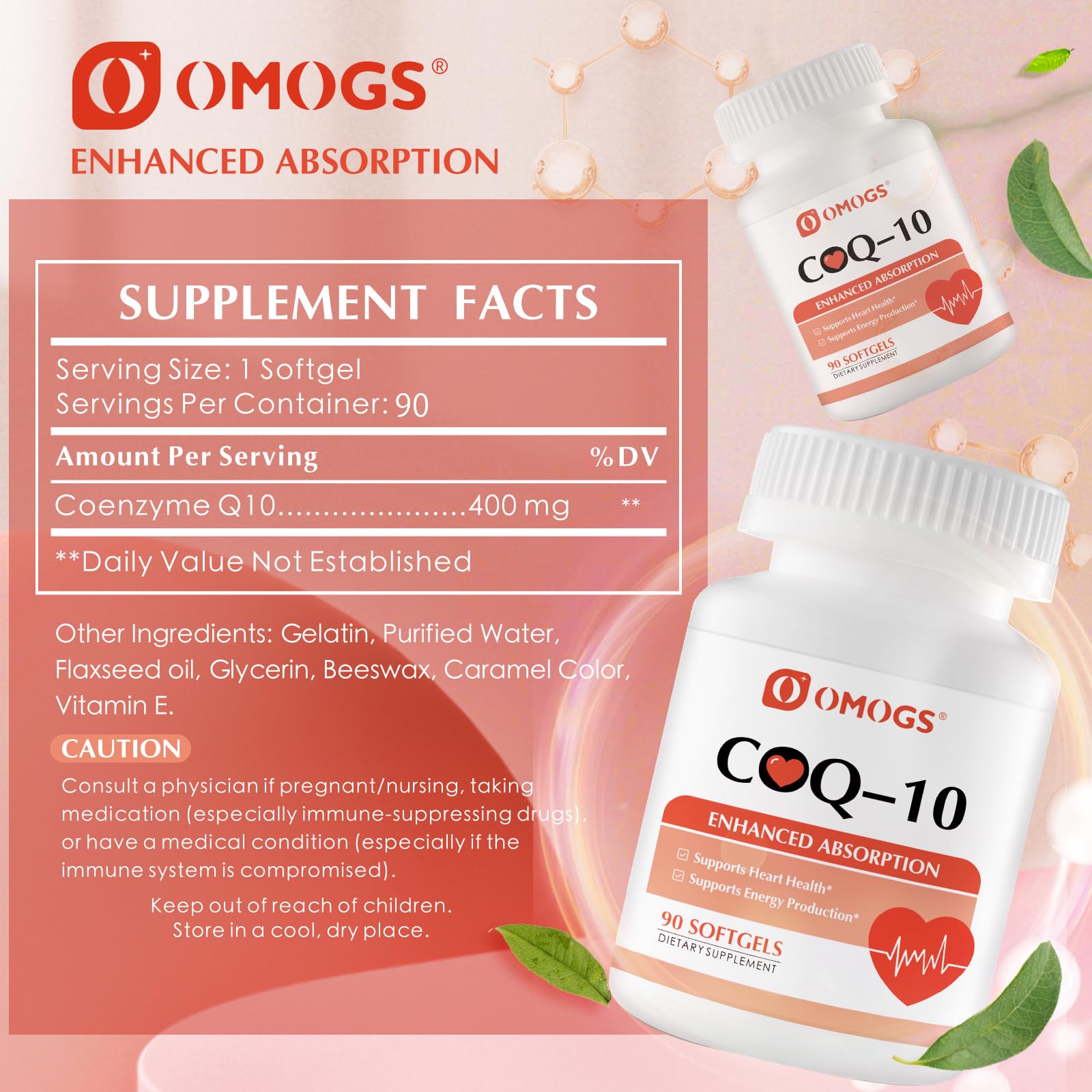 OMOGS CoQ10 400mg Softgels, Coenzyme Q10 High Absorption Supplements Support Heart Health, Cardiovascular Health, Immune System