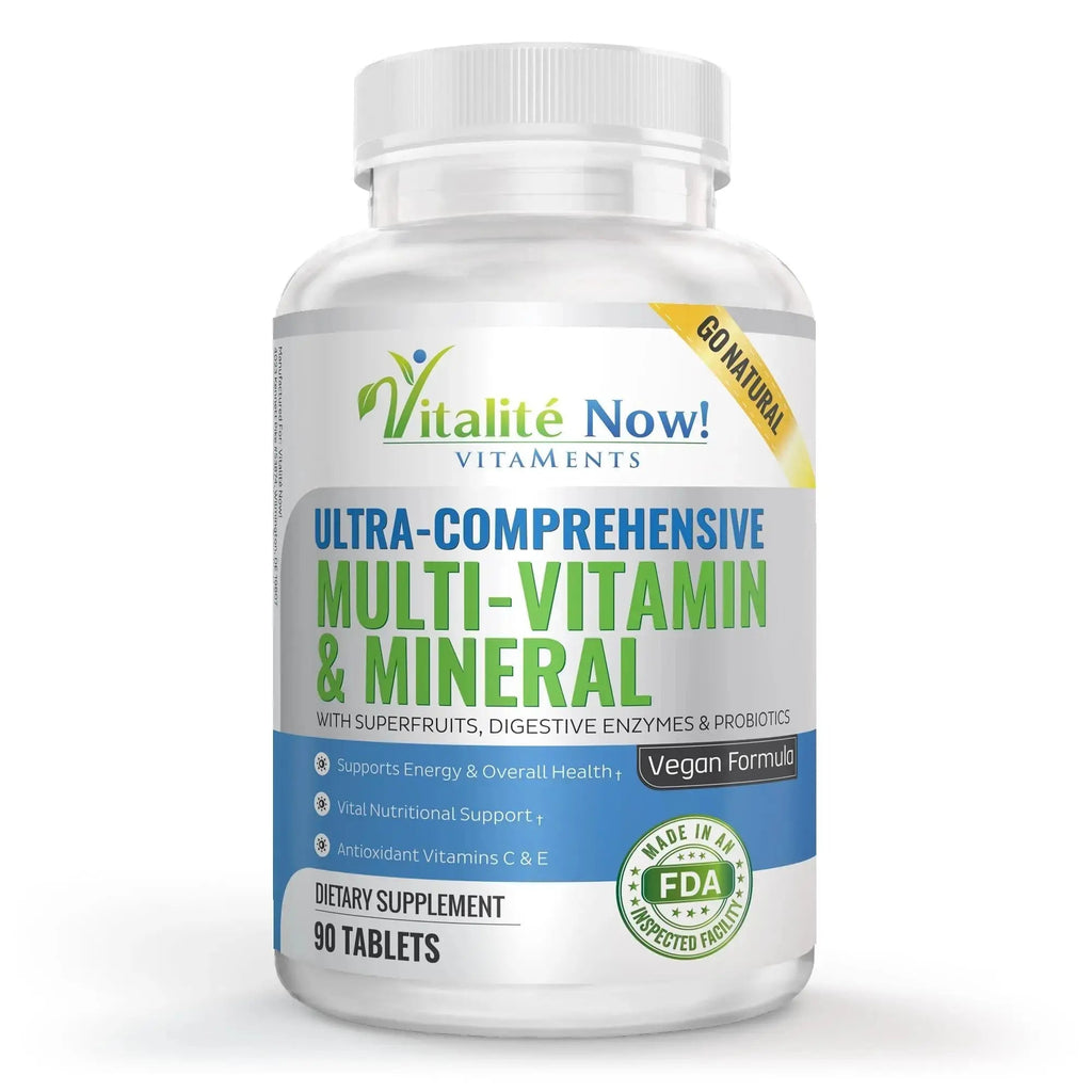 Vegan Whole Food Multivitamin & Mineral - Vitamins A B1 B2 B6 B12 C D3 E & 110 Super Foods, Herbs, Greens & Reds Vitalité Now! Au supplements