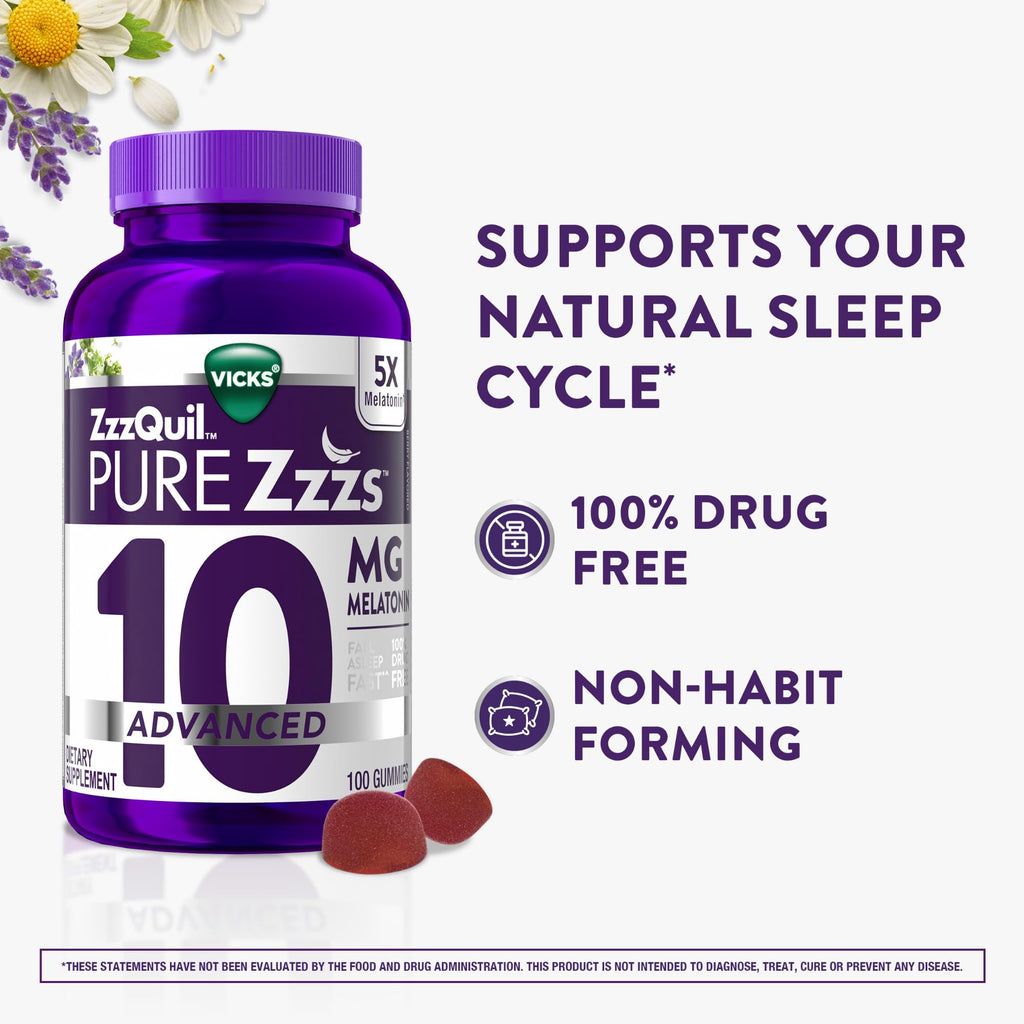 ZzzQuil Pure Zzzs Advanced Melatonin Gummies, Melatonin 10mg, Sleep Aid, with Chamomile & Lavender, Melatonin Sleep Gummies, Sleep Aids for Adults