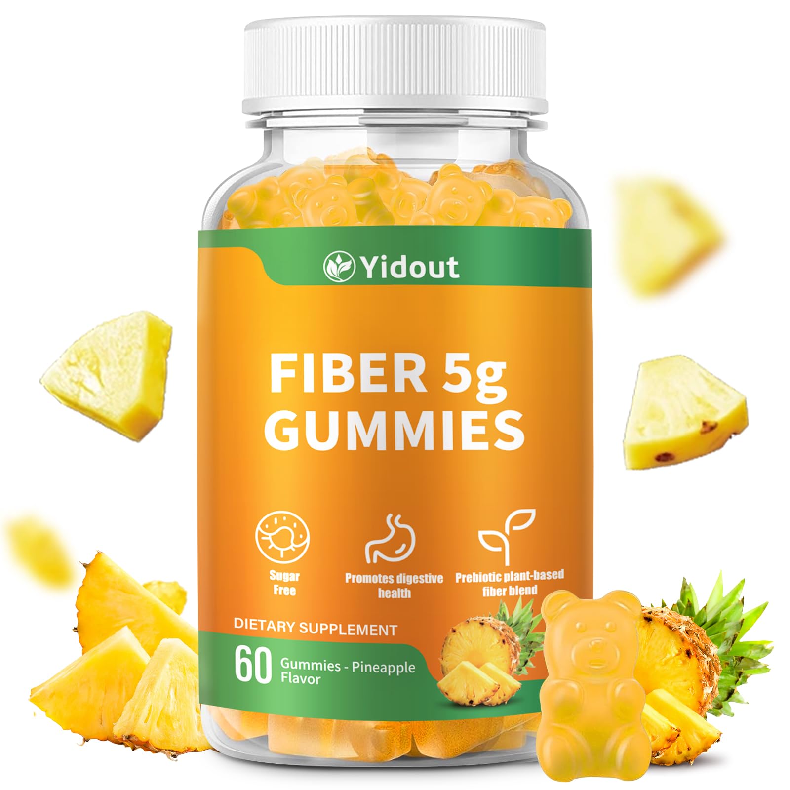 Yidout Fiber Gummies for Adults with Probiotics，No Sugar Added Pineapple Flavor, Promotes Gut Health and Regulate Bowel Movement, Vegan (60 Count（Pack of 1）)