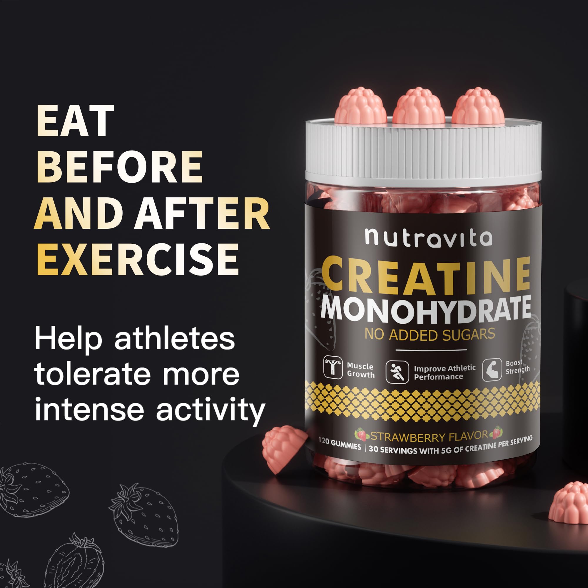 Nutravita NSF Certified Creatine Gummy - Creatine Monohydrate Gummies for Men & Women-5g of Creatine Monohydrate per Serving - Sugar Free,