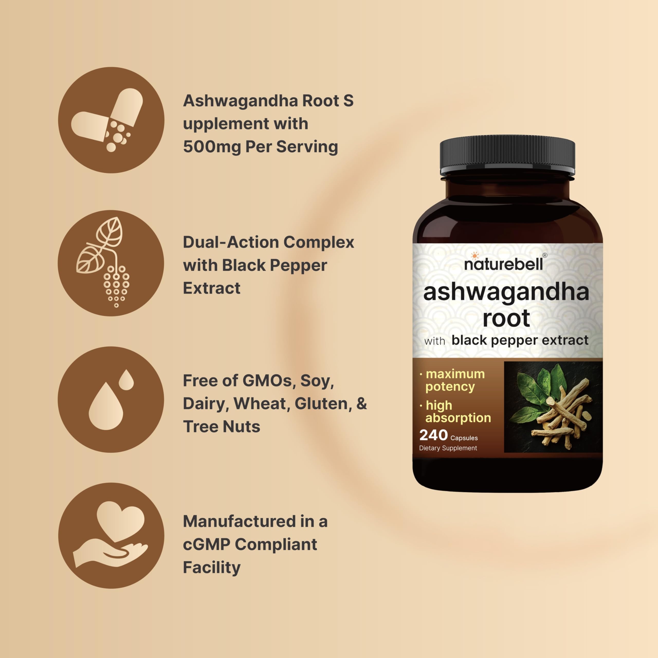 NatureBell Ashwagandha Root with Black Pepper Extract - 240 Capsules - High Strength Adaptogen for Calmness, Relaxation & Immune Support* NatureBell Au supplements