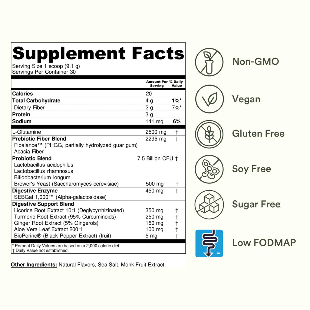 TumLove IBS Relief & Digestive Support Powder – Low FODMAP Certified, Probiotics, Prebiotics, Digestive Enzymes, L-Glutamine & 5 Soothing Herbs