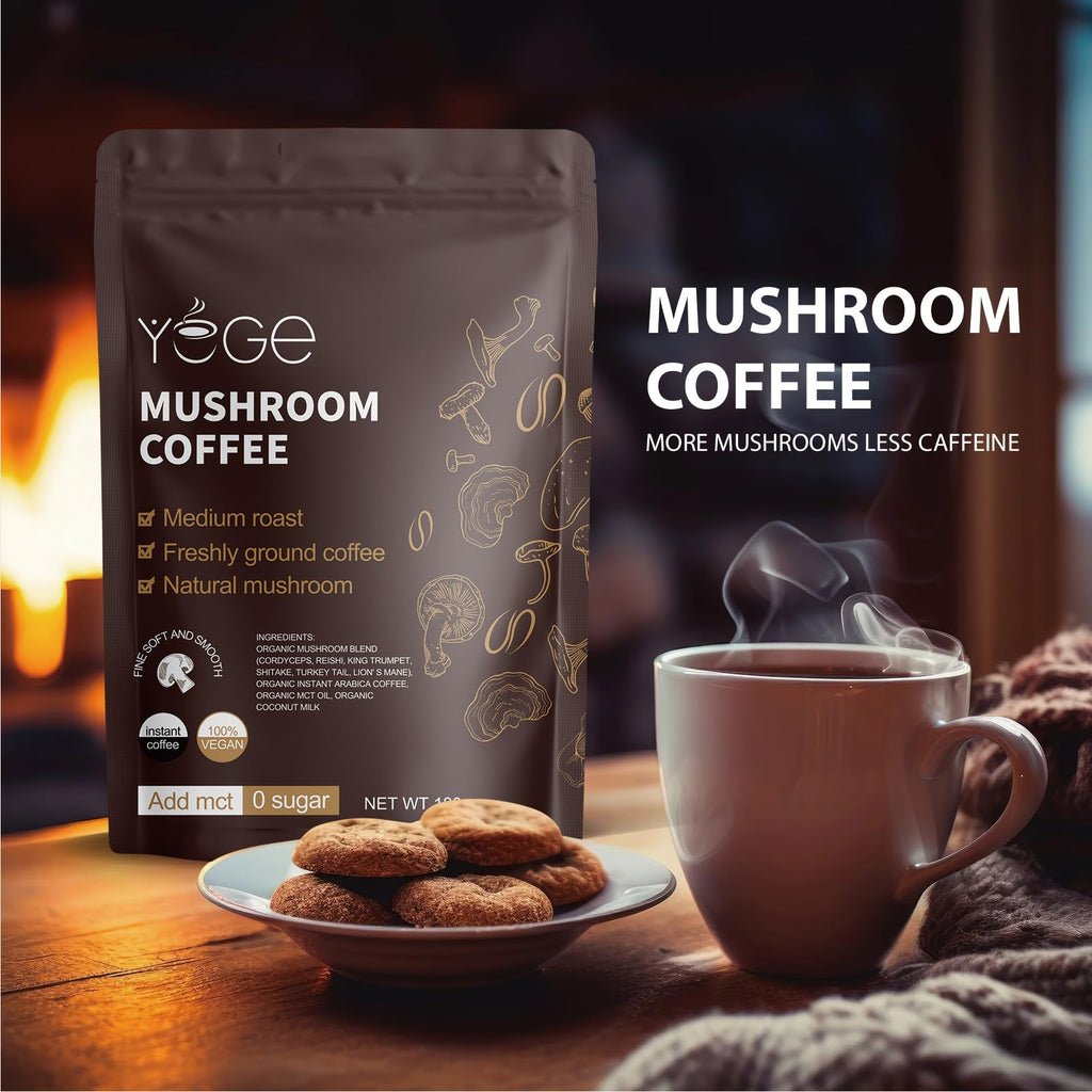 Mushroom Coffee, Instant Mushroom Coffee with Cordyceps, Reishi, King Trumpet, Shiitake, Turkey Tail, Lions Mane for Energy