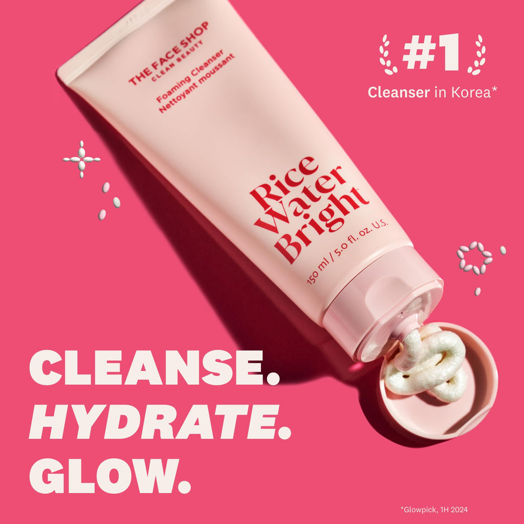 The Face Shop Rice Water Bright Foaming Facial Cleanser with Ceramide, Gentle Face Wash for Hydrating & Moisturizing,