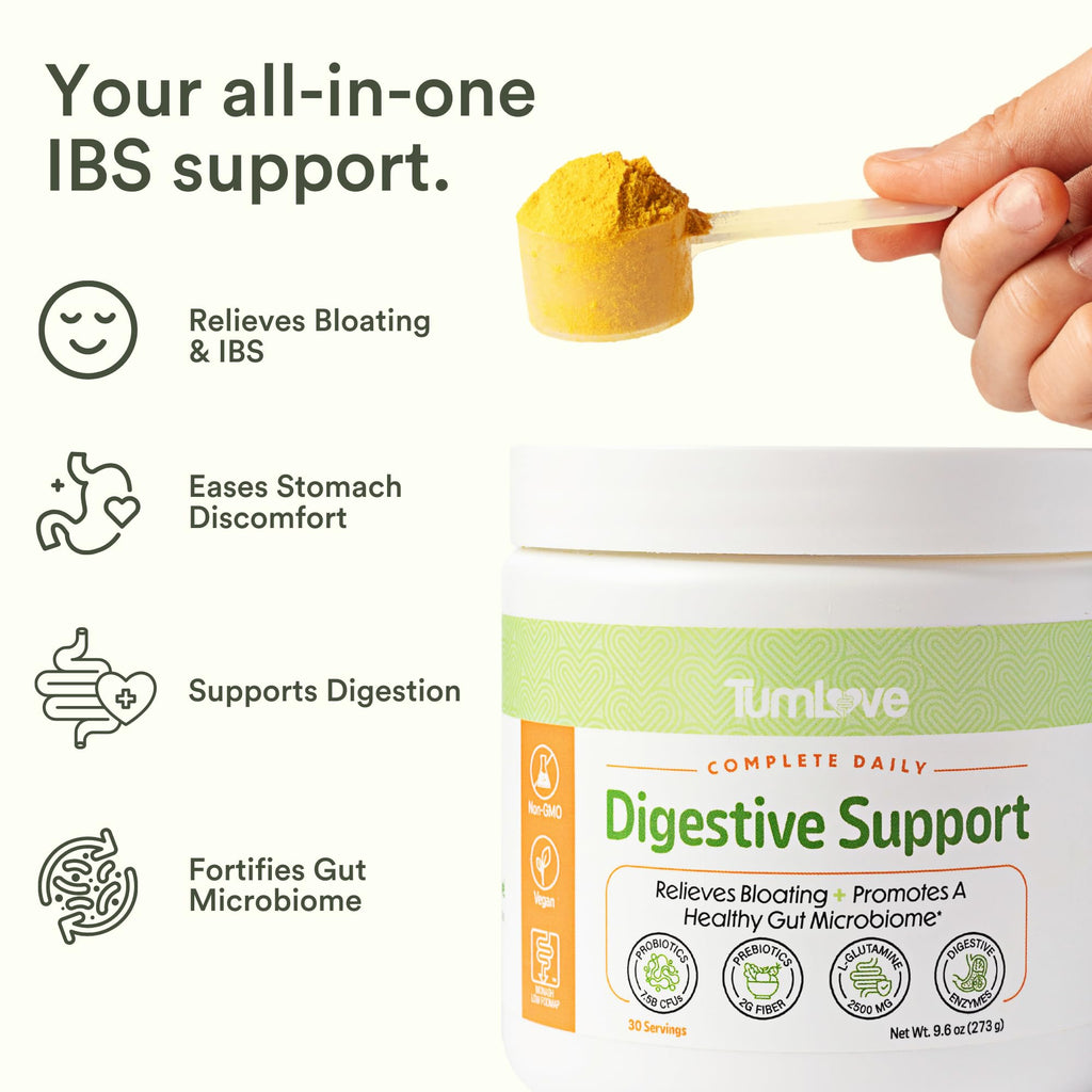 TumLove IBS Relief & Digestive Support Powder – Low FODMAP Certified, Probiotics, Prebiotics, Digestive Enzymes, L-Glutamine & 5 Soothing Herbs
