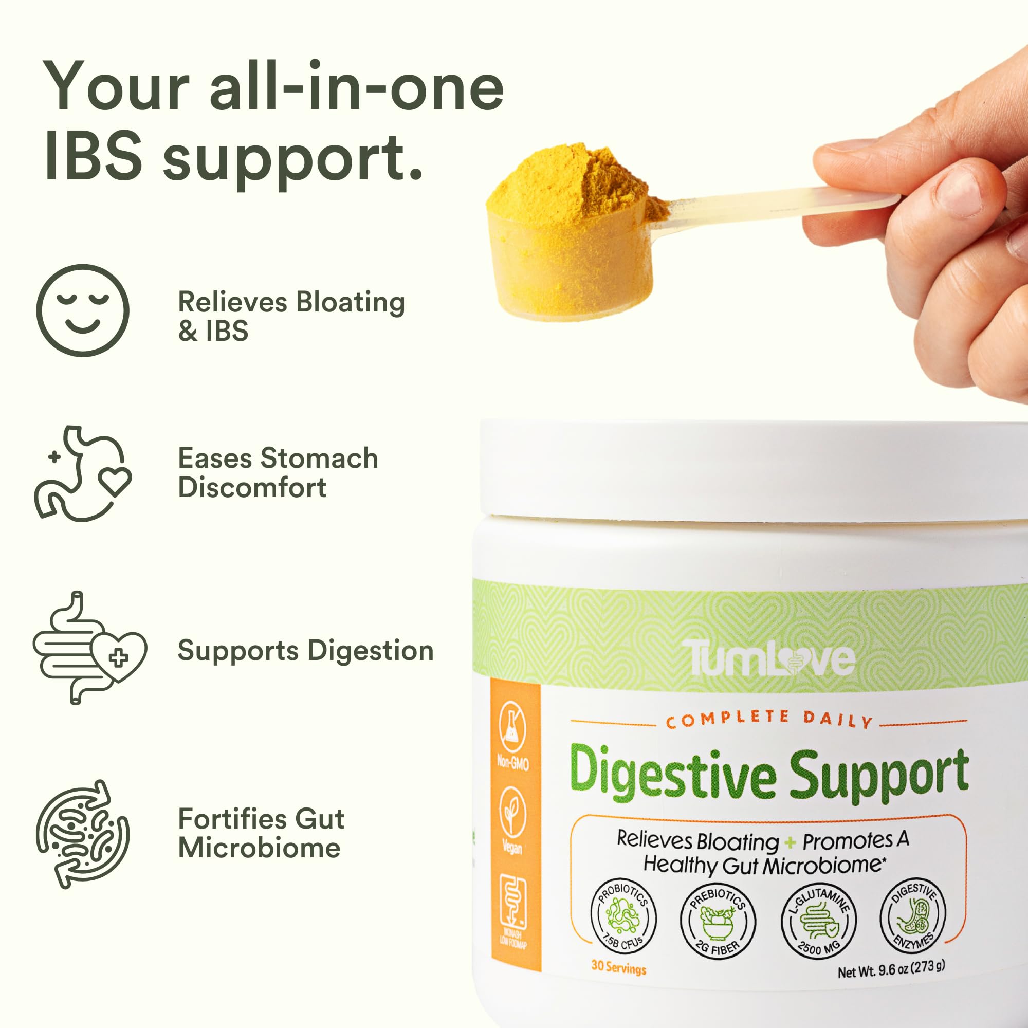TumLove IBS Relief & Digestive Support Powder – Low FODMAP Certified, Probiotics, Prebiotics, Digestive Enzymes, L-Glutamine & 5 Soothing Herbs