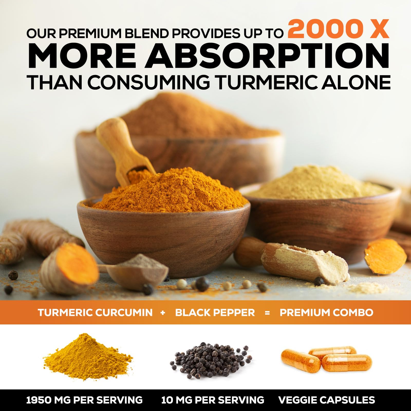Turmeric Curcumin Supplement - 95% Curcuminoids with Organic Turmeric & BioPerine Black Pepper for Best Absorption - Daily Joint & Immune Health Support