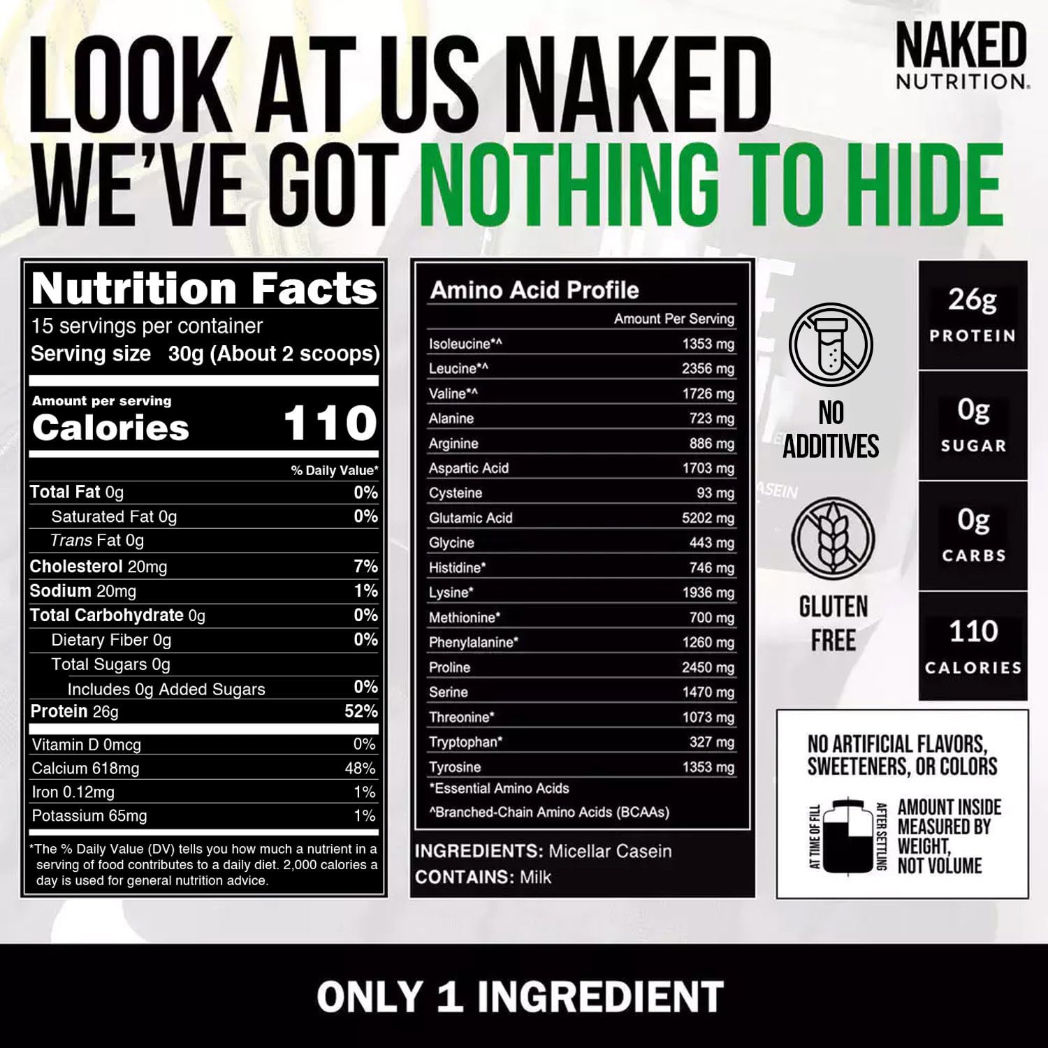 NAKED Casein - 1Lb Micellar Casein Protein - Bulk, Zero Carb, NSF Certified, GMO-Free, Gluten Free, Soy Free, Preservative Free - Stimulate Muscle Growth