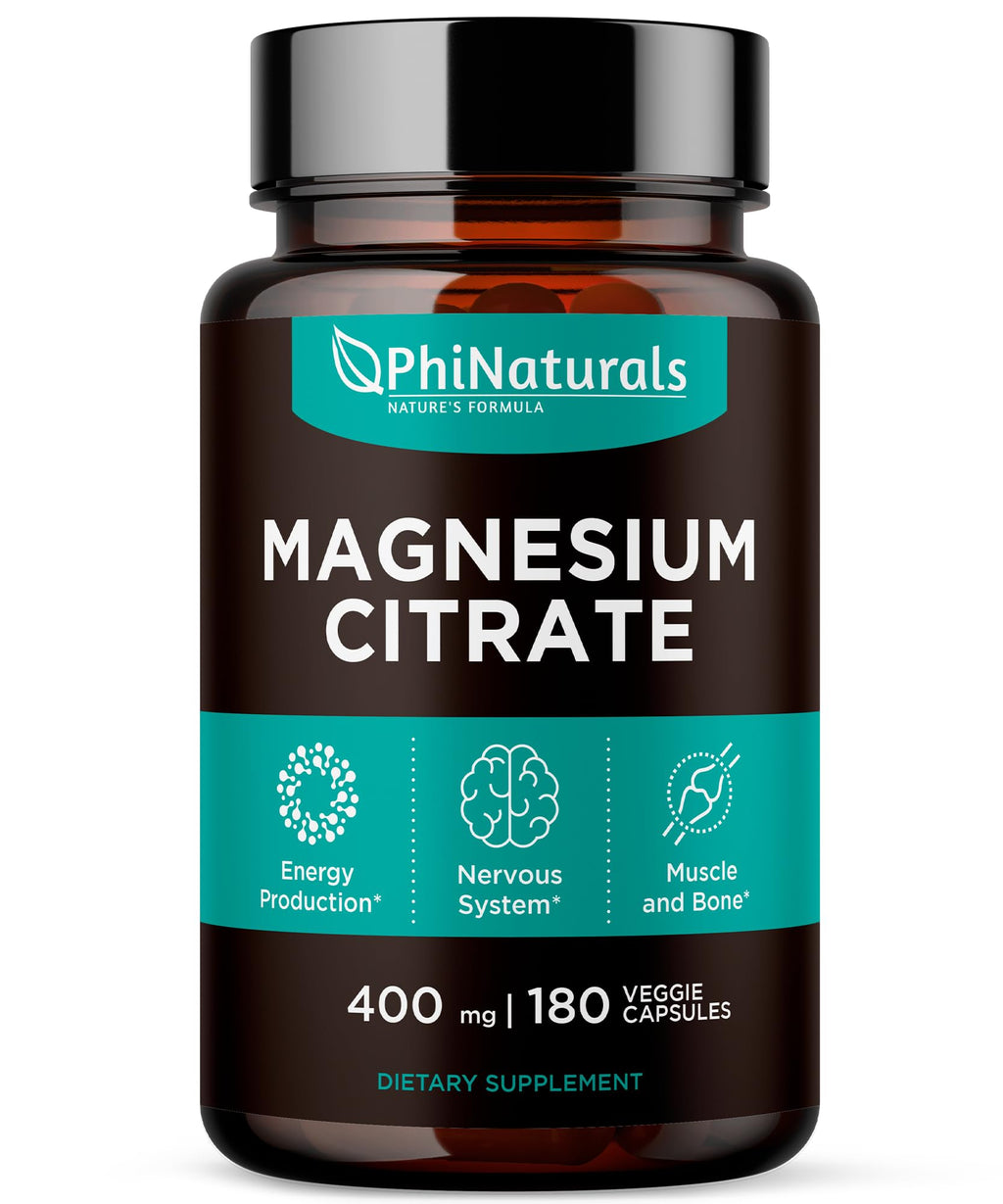 Magnesium Citrate Powder Capsules 400mg - 180 Count Veg Caps - PhiNaturals Supplements - Nervous System Support and Enzyme Function