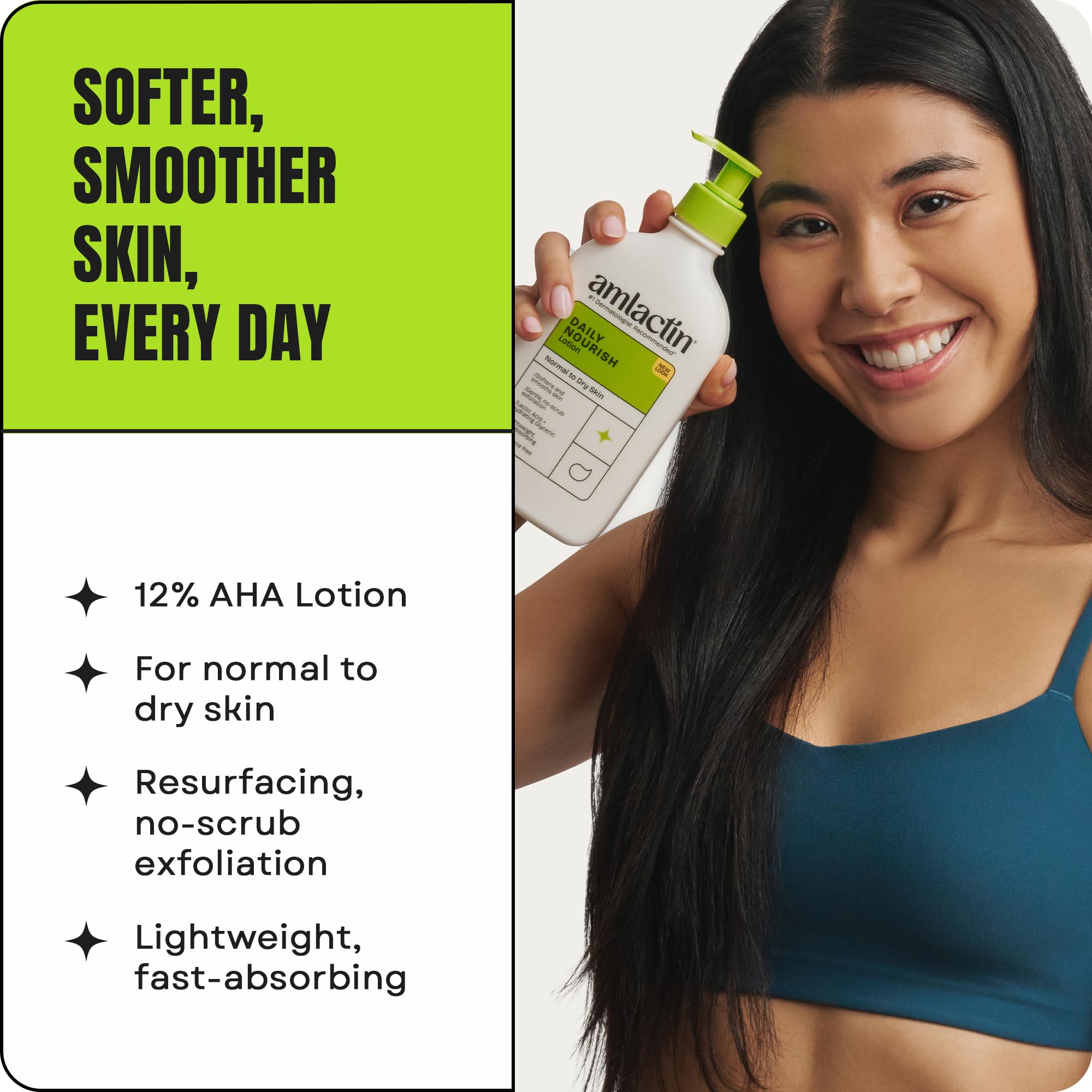AmLactin Daily Nourish Therapeutic Body Lotion for Dry Skin - No-Scrub Exfoliator and Moisturizer 12% Lactic Acid Lotion