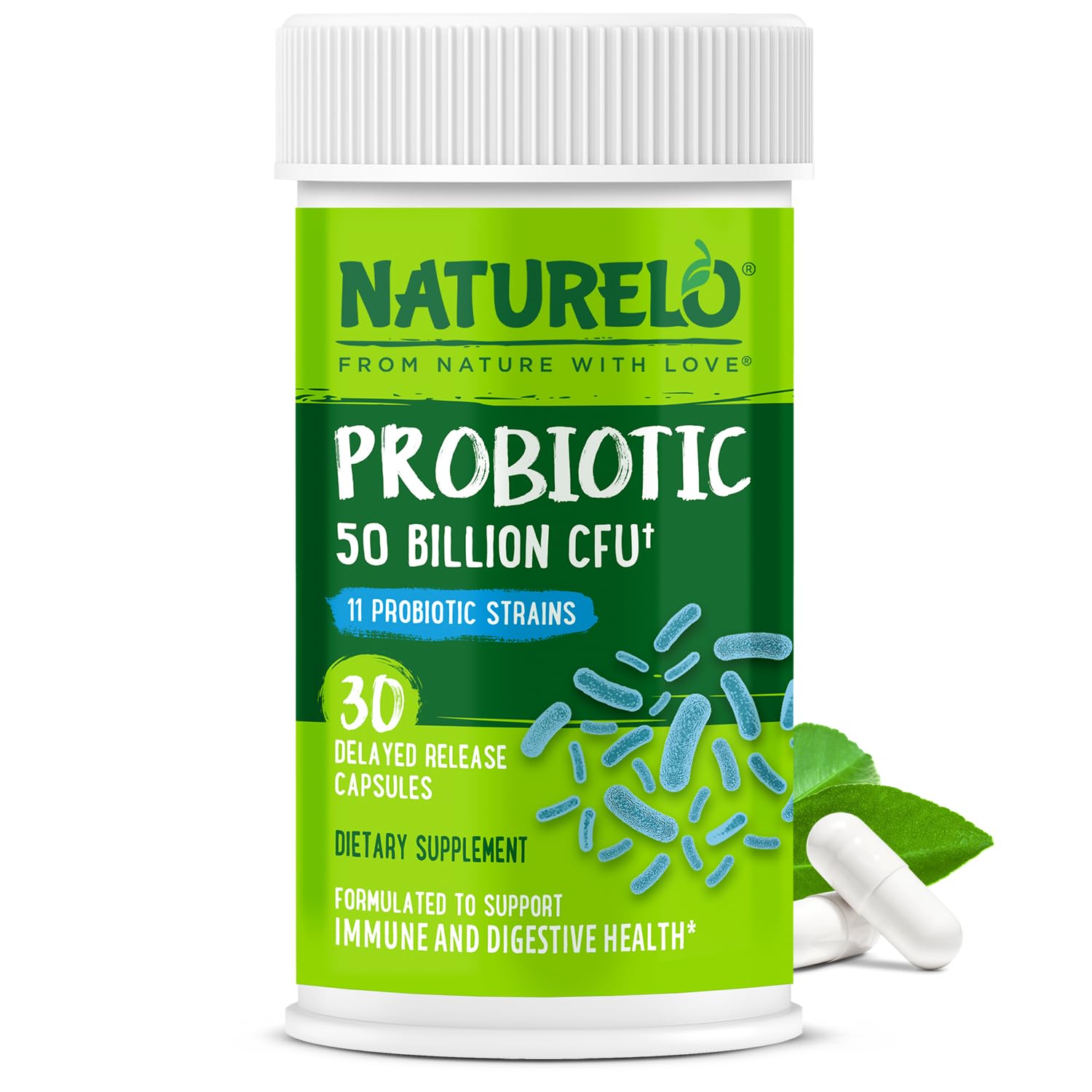 NATURELO Probiotics for Digestive Health, 50 Billion CFU, 30 Vegetarian Capsules, 11 Strains, Daily Use Supplement, Delayed Release, No-Fridge, Helps Boost Immune System,