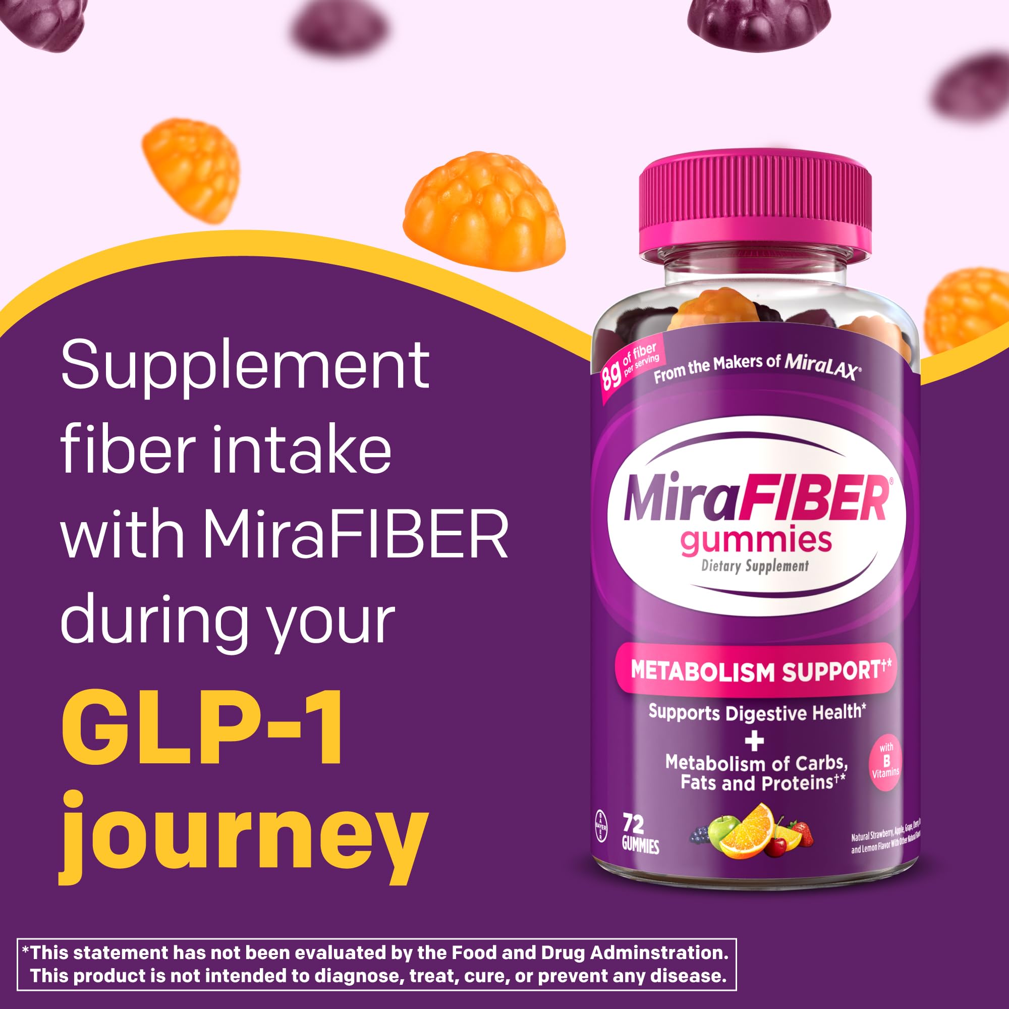 MiraFIBER Gummies from The Makers of MiraLAX, 8g of Daily Fiber Per Serving, Metabolism Support with B Vitamins, Gut Health for Men & Women