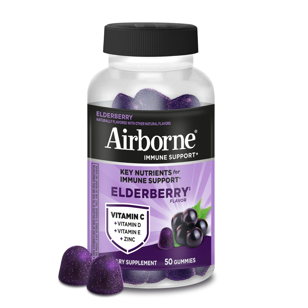 Airborne Elderberry + Zinc & Vitamin C Gummies For Adults, Immune Support Vitamin D & Zinc Gummies With Powerful Antioxidant Vitamins C D & E