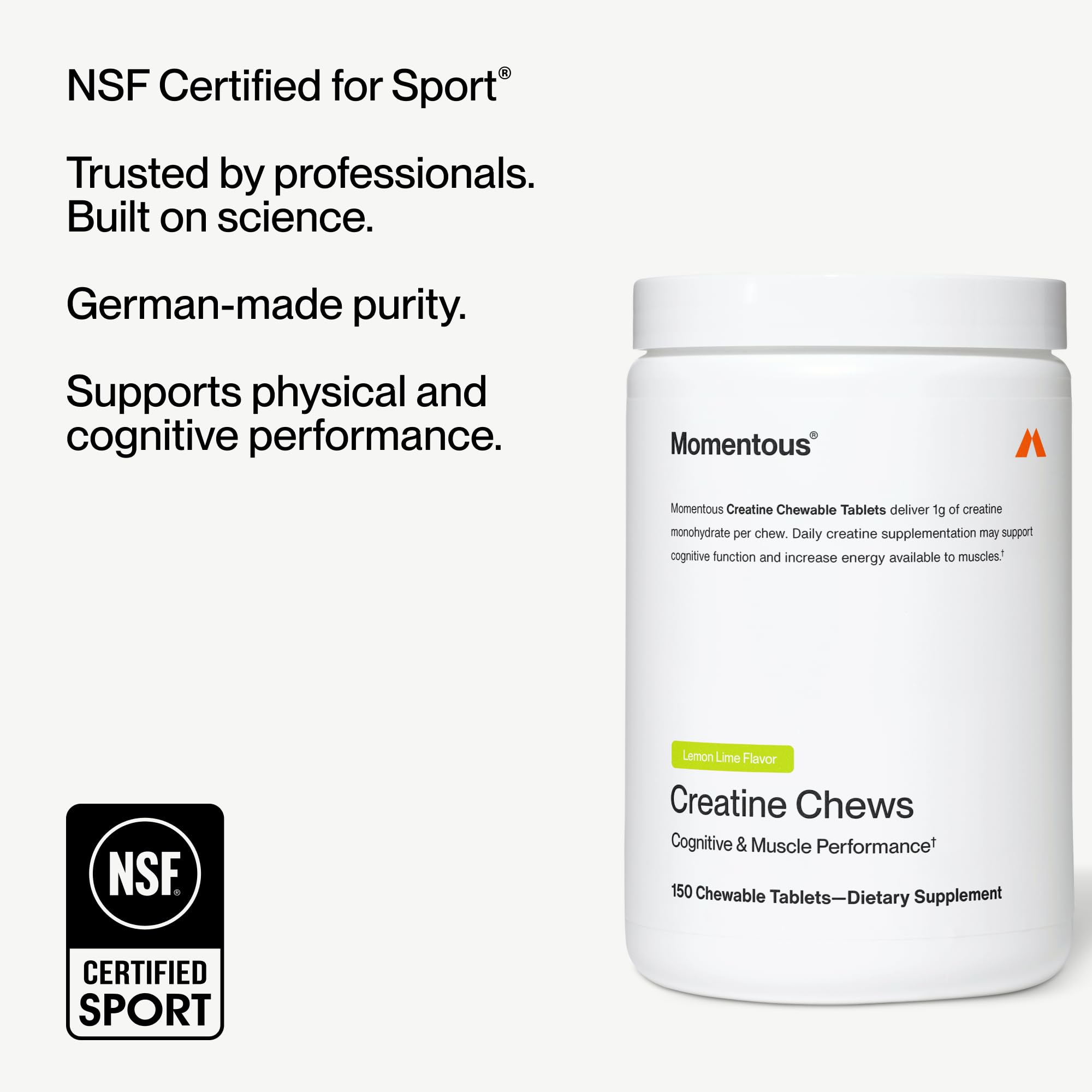 Momentous Creatine Chews - Creatine Monohydrate - Supports Strength, Lean Muscle, & Recovery for Men & Women - NSF Certified for Sport - 150 Chewable Tablets - Lemon Lime