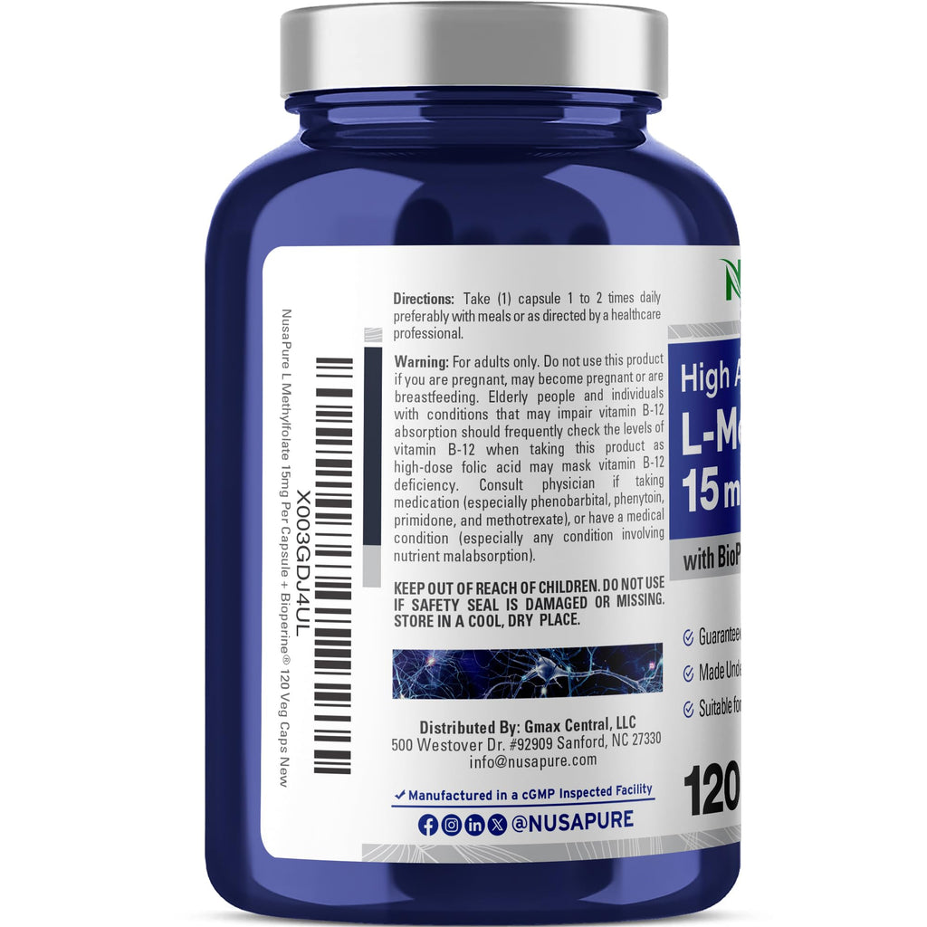 NusaPure L Methylfolate 15mg, 120 Veggie Capsules, Bioperine & Vegan NusaPure Au supplements