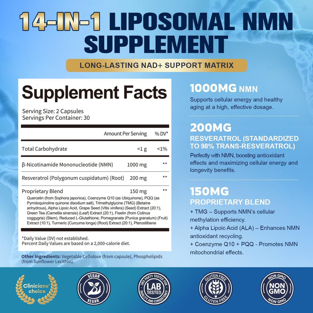 Totaria Liposomal NMN Supplement 1000mg, 14-in-1 NMN Resveratrol Complex with CoQ10, TMG, Quercetin, ALA, PQQ, Support NAD Levels, Cellular Energy & Healthy Aging, 60 Capsules, cGMP, Filler Free Totaria Au supplements