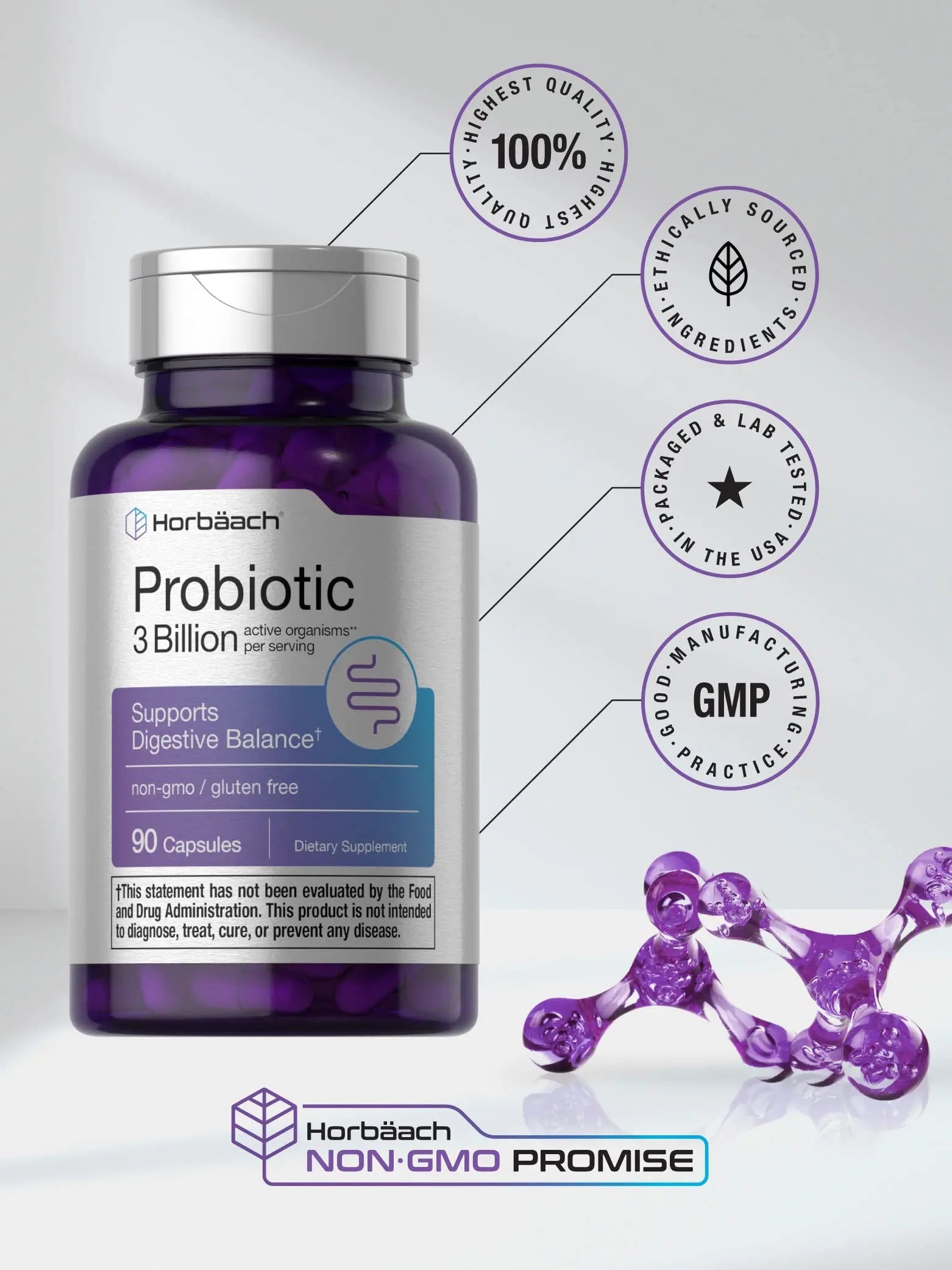 Probiotic for Women & Men's Digestive Health | 3 Billion CFU | 90 Capsules | Non-GMO Horbäach Au supplements