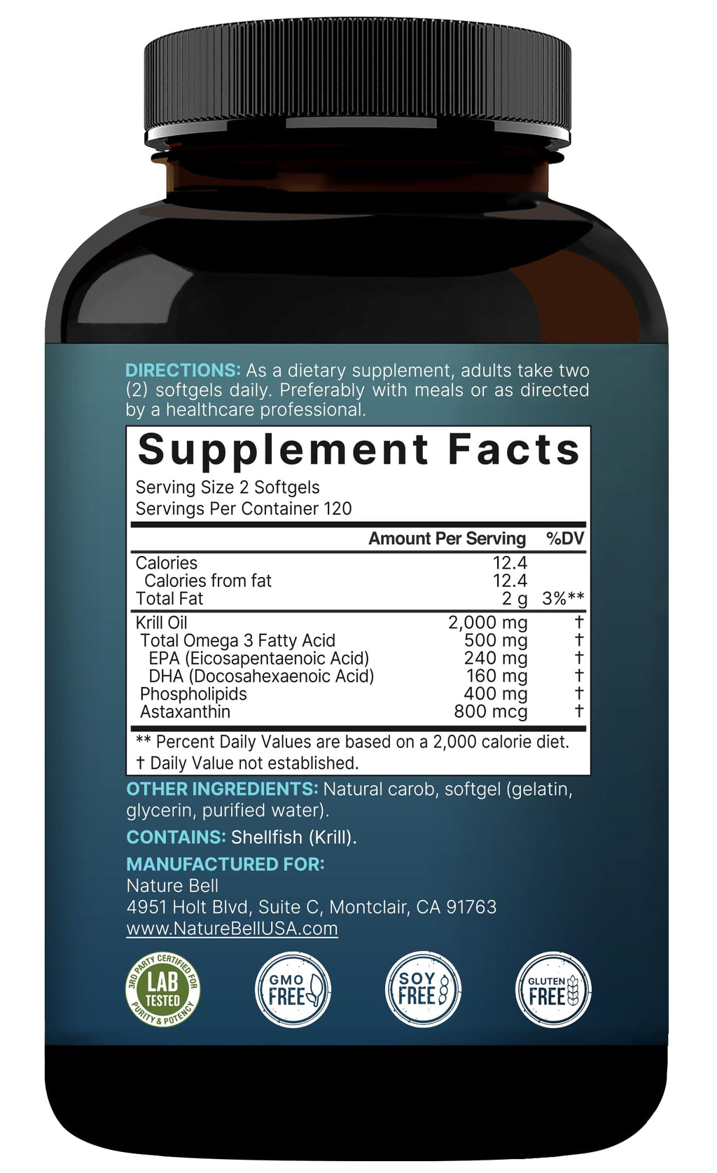 NatureBell Antarctic Krill Oil 2000mg Supplement, 240 Softgels, 3X Strength Natural Source of Omega-3s, EPA 240mg + DHA 160mg + Astaxanthin 800mcg
