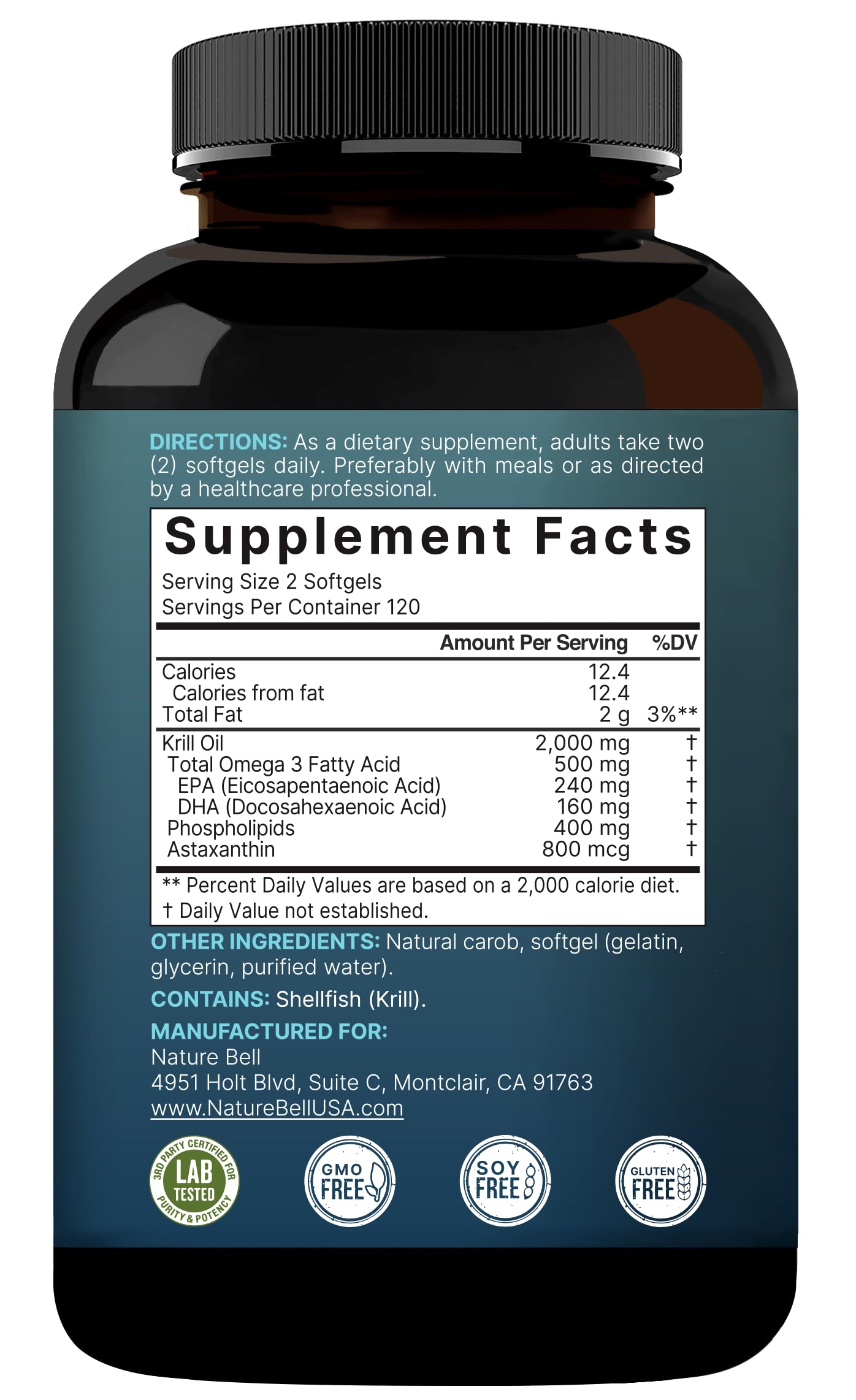 NatureBell Antarctic Krill Oil 2000mg Supplement, 240 Softgels, 3X Strength Natural Source of Omega-3s, EPA 240mg + DHA 160mg + Astaxanthin 800mcg