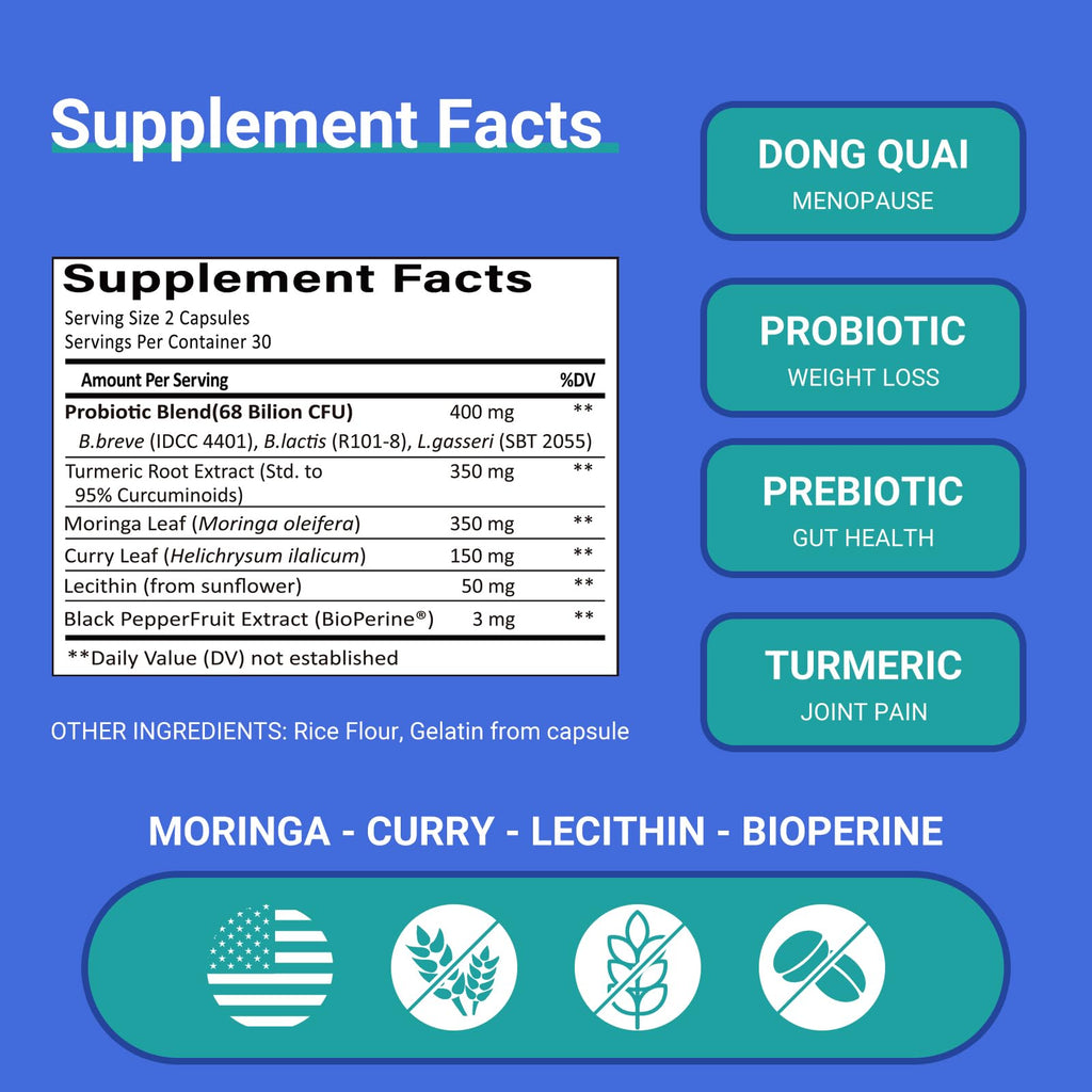 Ruolai ProBalance Probiotics for Women 68B CFU – Menopause, Bloat & Belly Support – Turmeric & Moringa