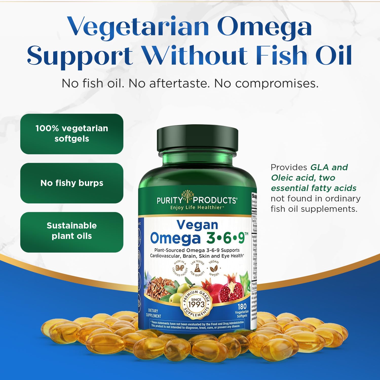 Purity Products Vegan Omega 3 6 9 Formula - “5 in 1” Essential Fatty Acid Complex - Scientifically Formulated Plant-Based Vegan Omega 3-6-9 Essential Fatty Acids