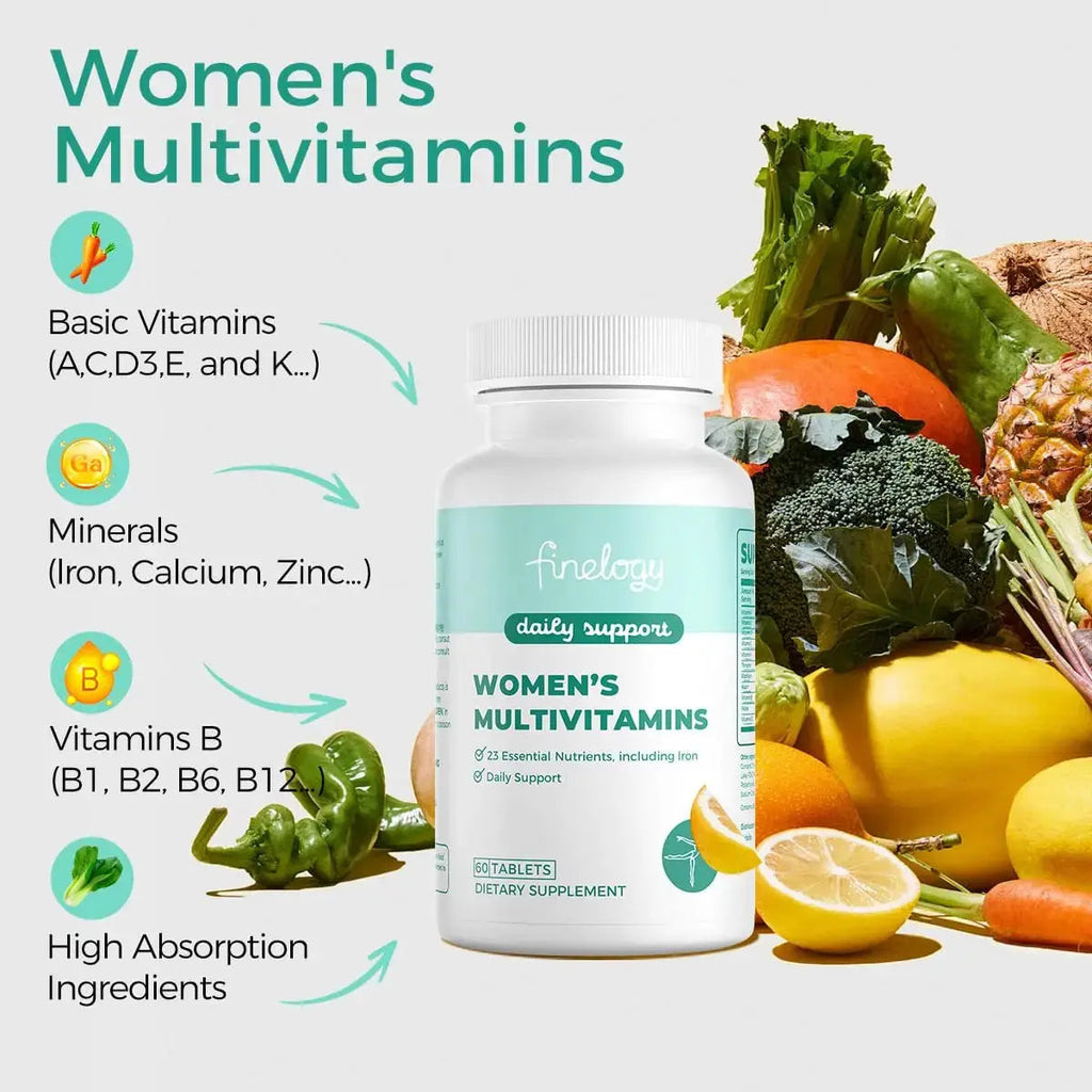finelogy Womens Multivitamin - Essential Nutrients with Iron, Vitamins A, C, D3, K, B6 and B12 Supplements for Women’s Health, Energy Hair Skin & Nails finelogy Au supplements