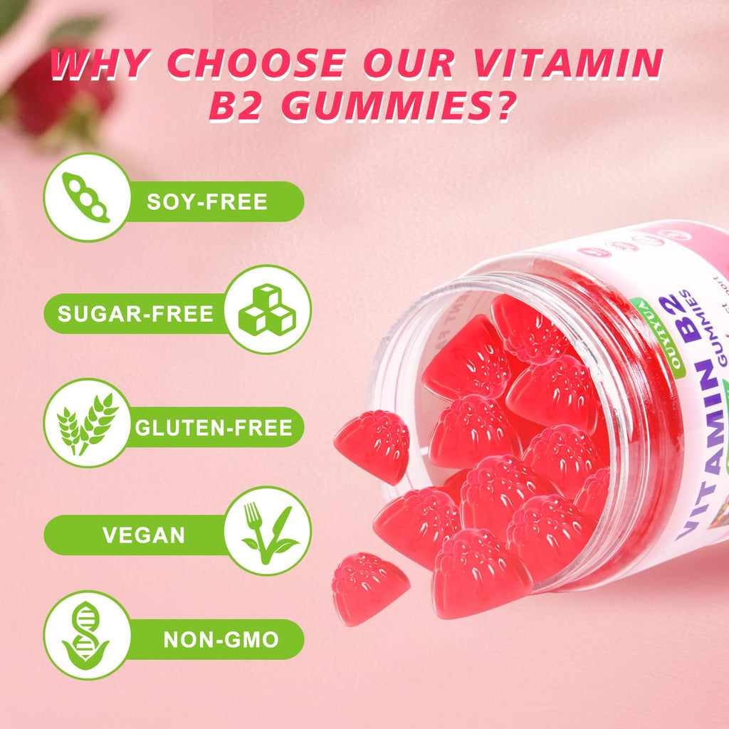 Vitamin B2 Gummies Riboflavin 400mg Supplement with Magnesium for Kids & Adults B2 Gummies for Migraine Relief, Headache Relief & Nervous System Support