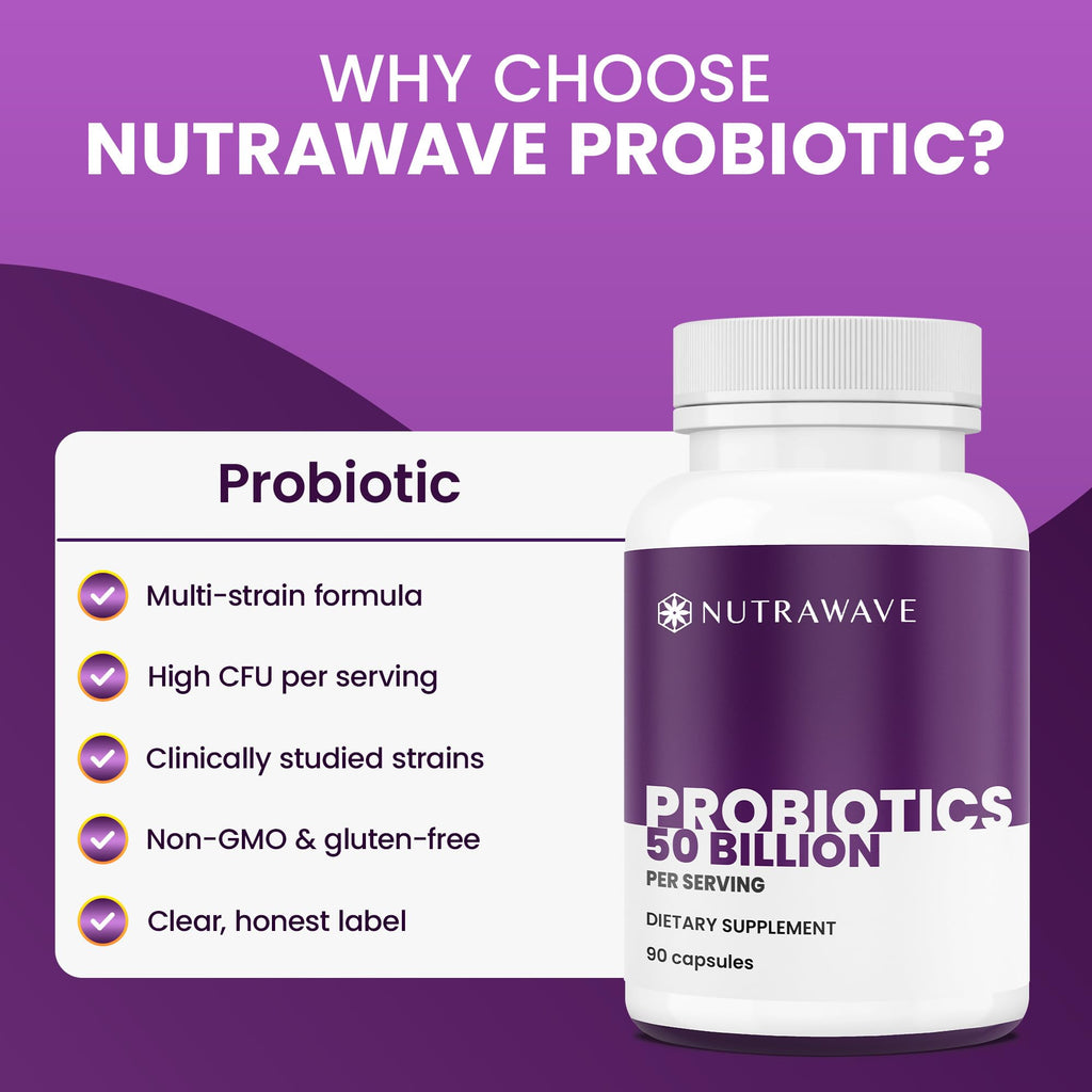Nutrawave 50 Billion Probiotics for Women & Men, 15 Strains Active Culture. Relieves Bloating & Constipation, Improved Digestion & Gut Health Supplement, Vegan. 60 Powerful Small Capsules. Nutra Wave Au supplements
