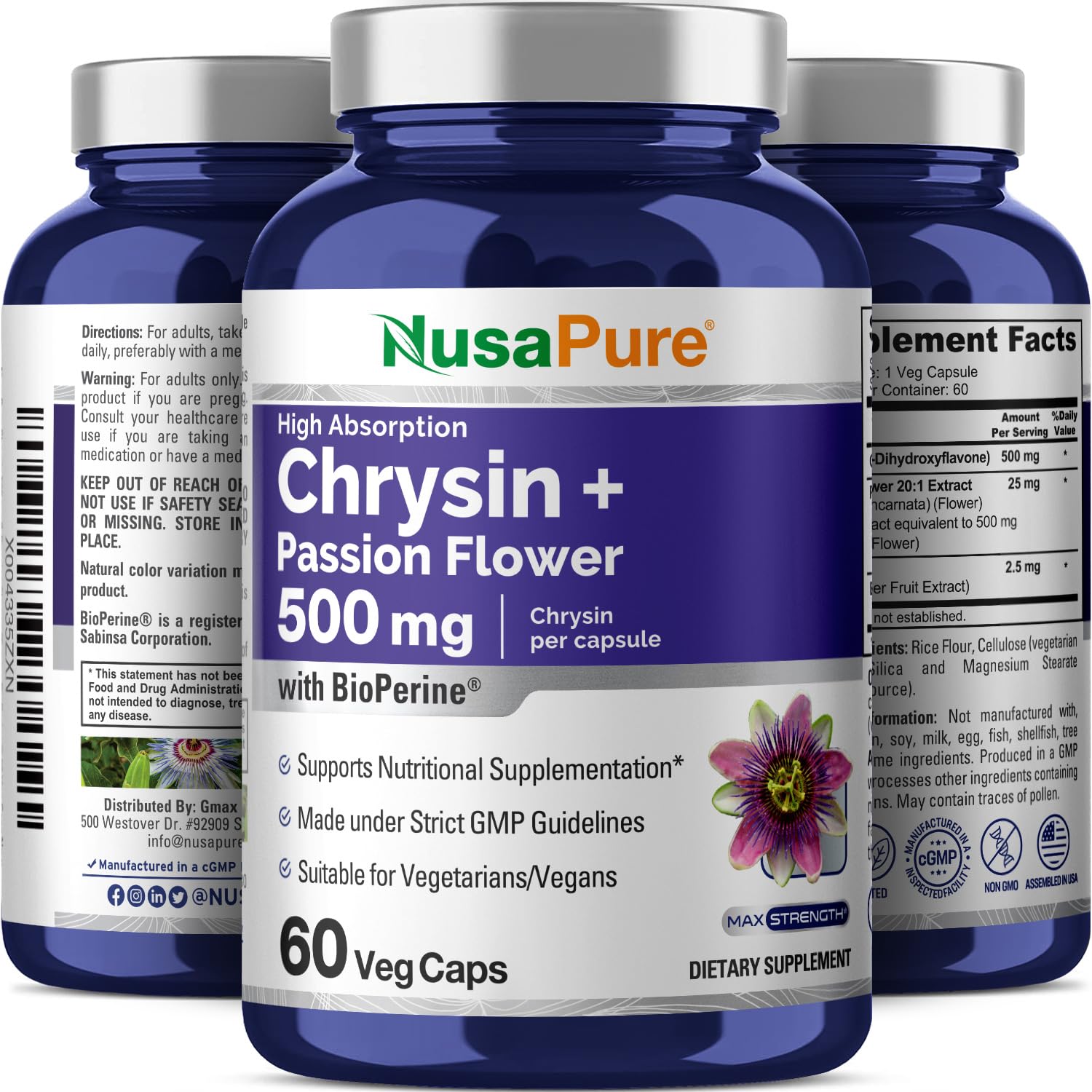 NusaPure Chrysin 500mg, 60 Veggie Capsules | Passion Flower Complex 500mg Supplement | 5, 7-Dihydroxyflavone | Concentrated Extract | Non-GMO, BioPerine & Vegan NusaPure Au supplements