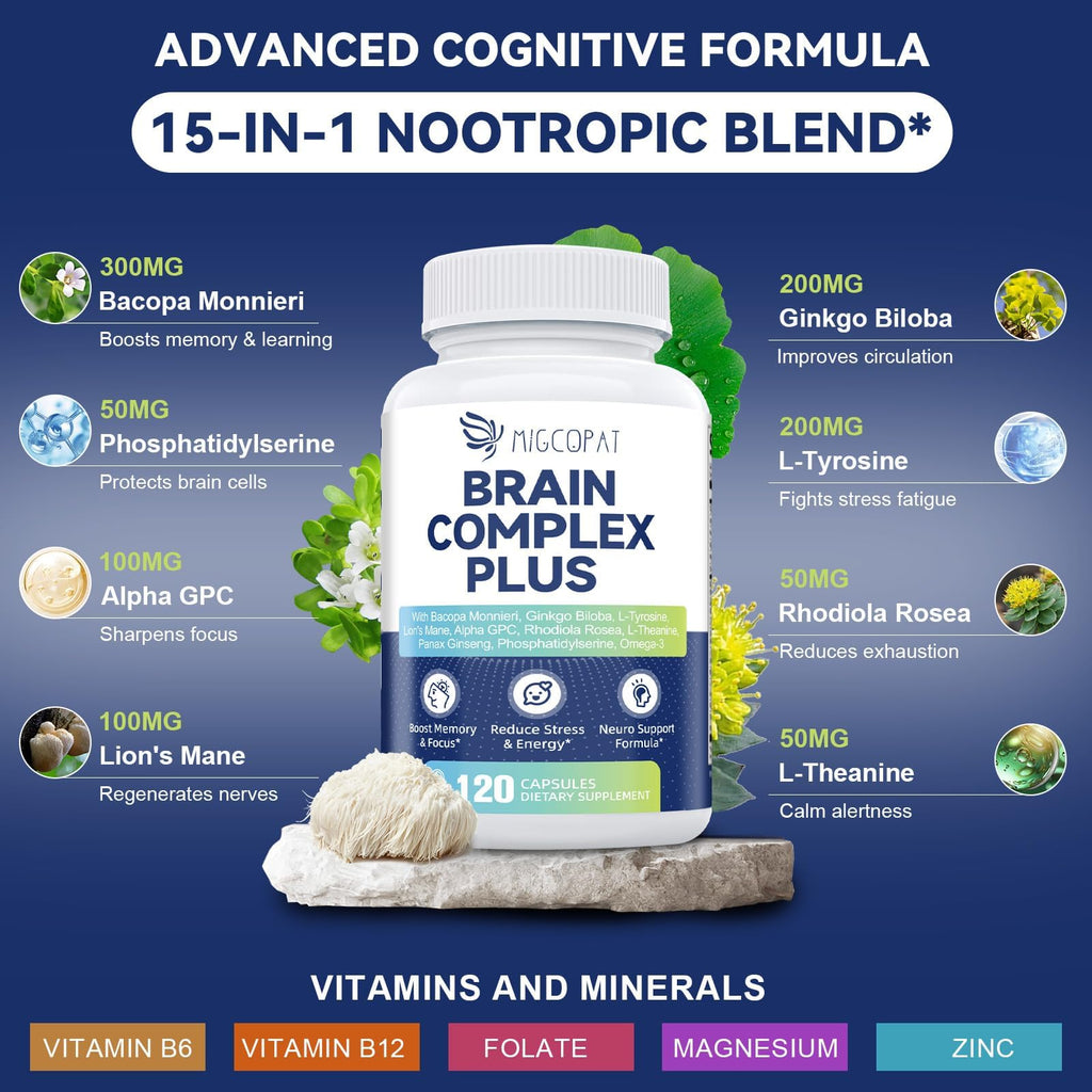 Brain Supplements for Memory and Focus | Nootropic with Bacopa Monnieri, Lion's Mane, Alpha GPC, Ginkgo Biloba | Mental Clarity & Cognitive Support | Vitamin B6 & B12 Neuro Health - Non-GMO, 120 Caps Migcopat Au supplements