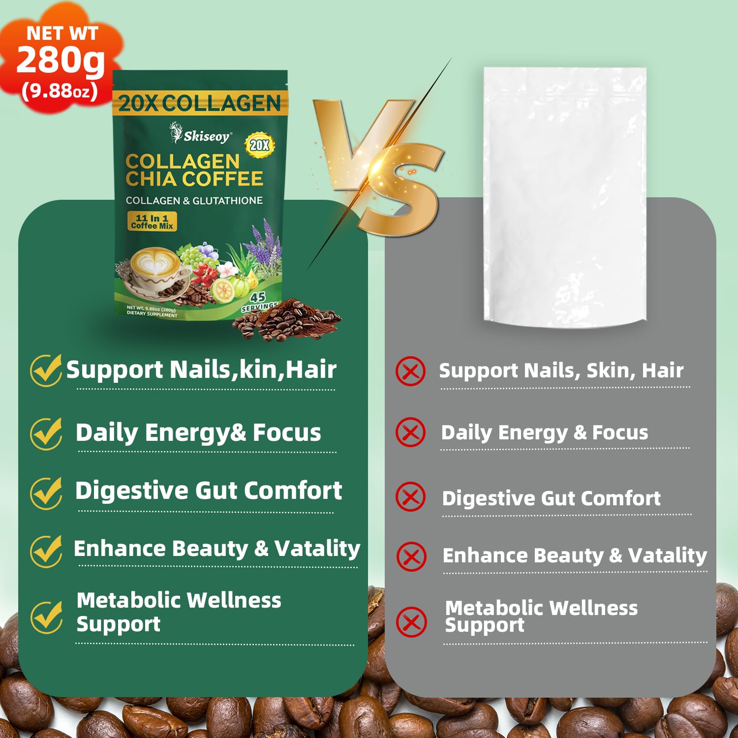 Skiseoy 20x Collagen Chia Coffee - 11-in-1 Coffee Shape Mix with L-Glutathione for Skin, Hair, Joints - Boost Energy and Focus, Vegan Friendly, 45 Servings Skiseoy Au supplements