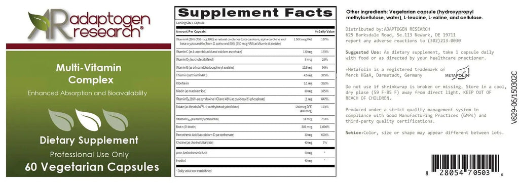 Multi-Vitamin Complex | Once Daily Multivitamin Supplement with Folate as Metafolin L-5-MTHF B12 as Methylcobalamin Vitamin A C D3 and more Adaptogen Research Au supplements