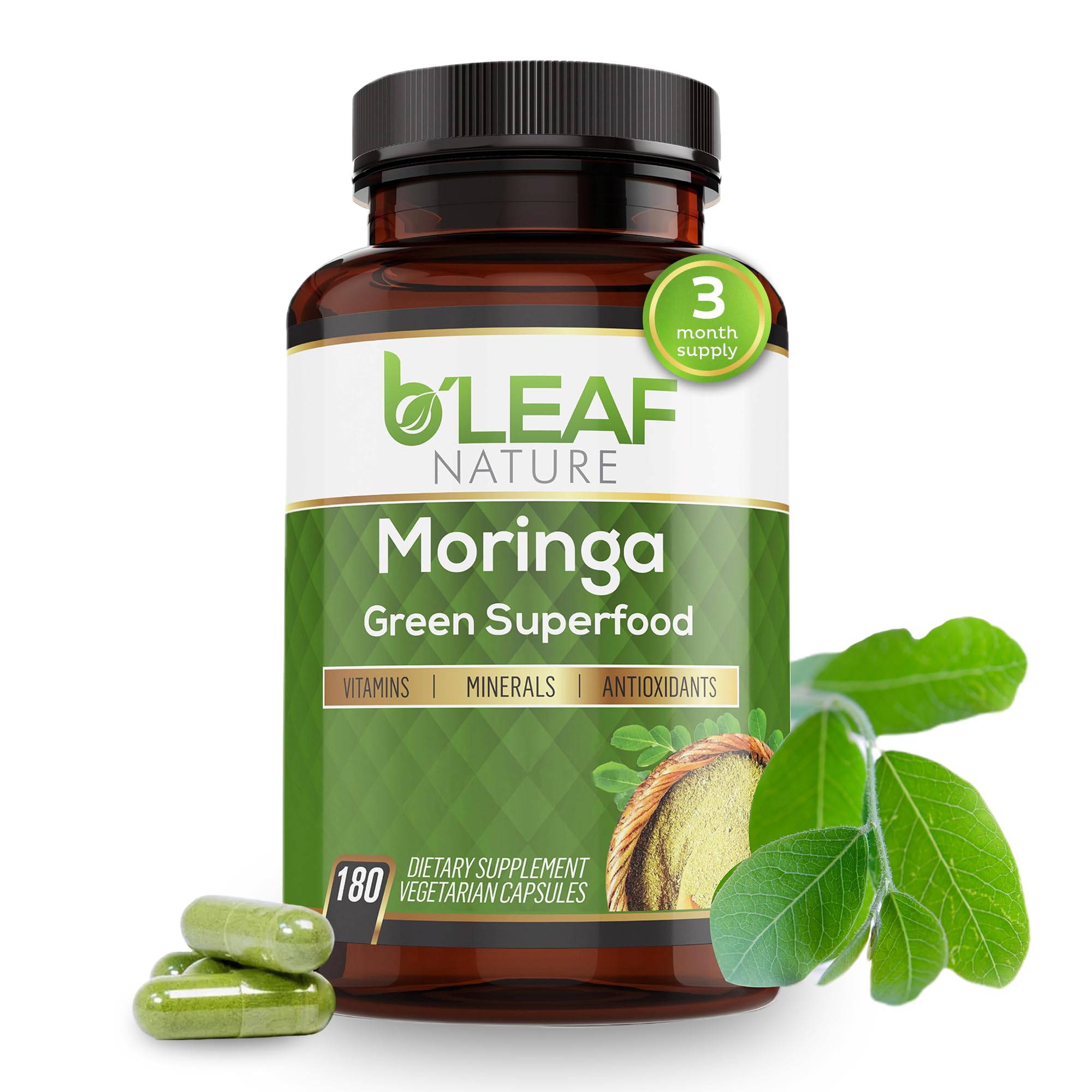 B'Leaf Nature Moringa Capsules Organic 1000mg — Pure Moringa Oleifera Leaf Powder Capsules for Energy & Immune Support