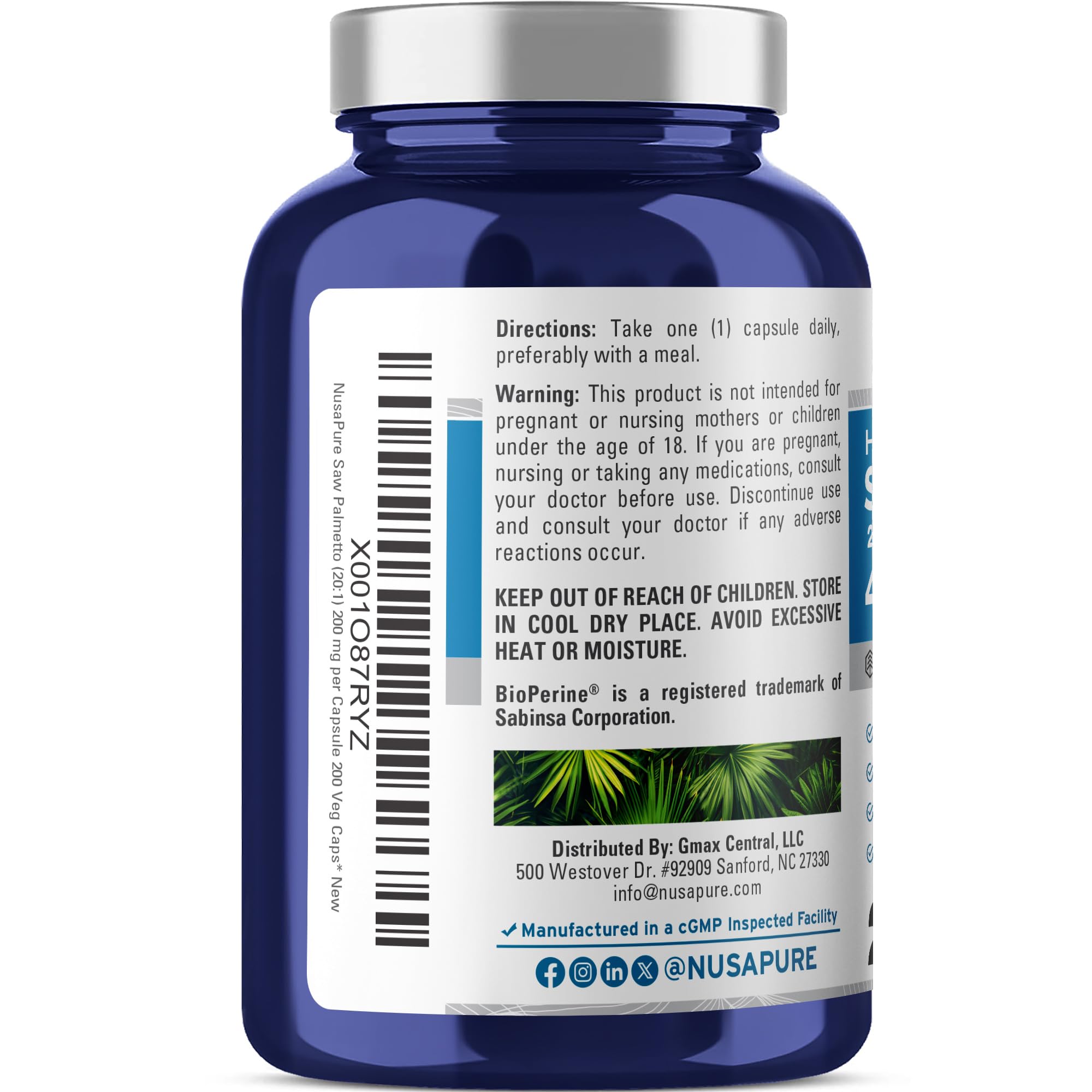 NusaPure Saw Palmetto 20:1 Extract, 200 mg Equivalent to 4,000 mg per Veggie Caps 200 Count Non-GMO, Vegan, Vegetarian, Bioperine NusaPure Au supplements