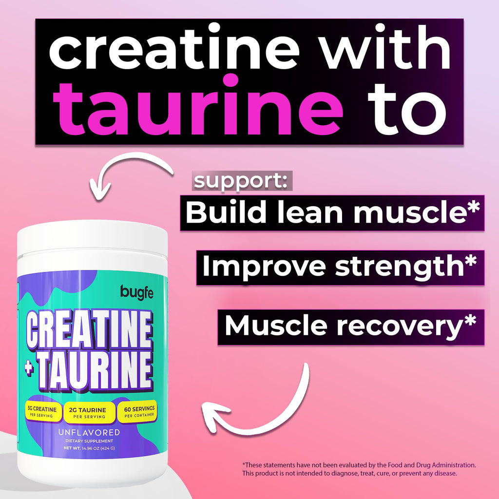 Creatine with Taurine for Women & Men - Unflavored Micronized Creatine Monohydrate Plus Taurine Powder to Support Muscle Strength, Recovery & Brain Health (60 Servings) Bugfe Au supplements