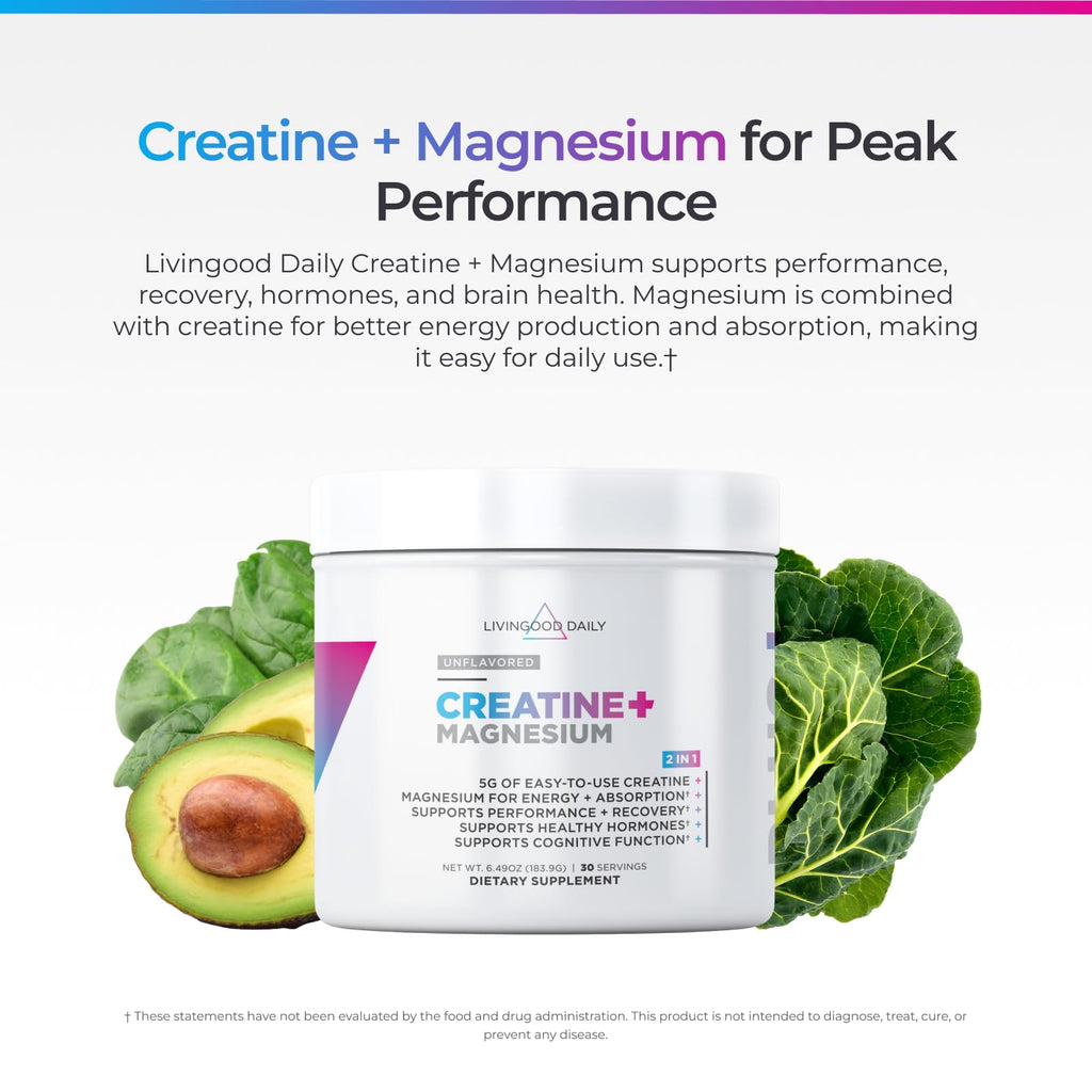 Livingood Daily Creatine + Magnesium Powder, Unflavored | 5g Micronized Creatine Monohydrate with Magnesium for Energy, Muscle Recovery & Performance | 30 Servings Livingood Daily Au supplements