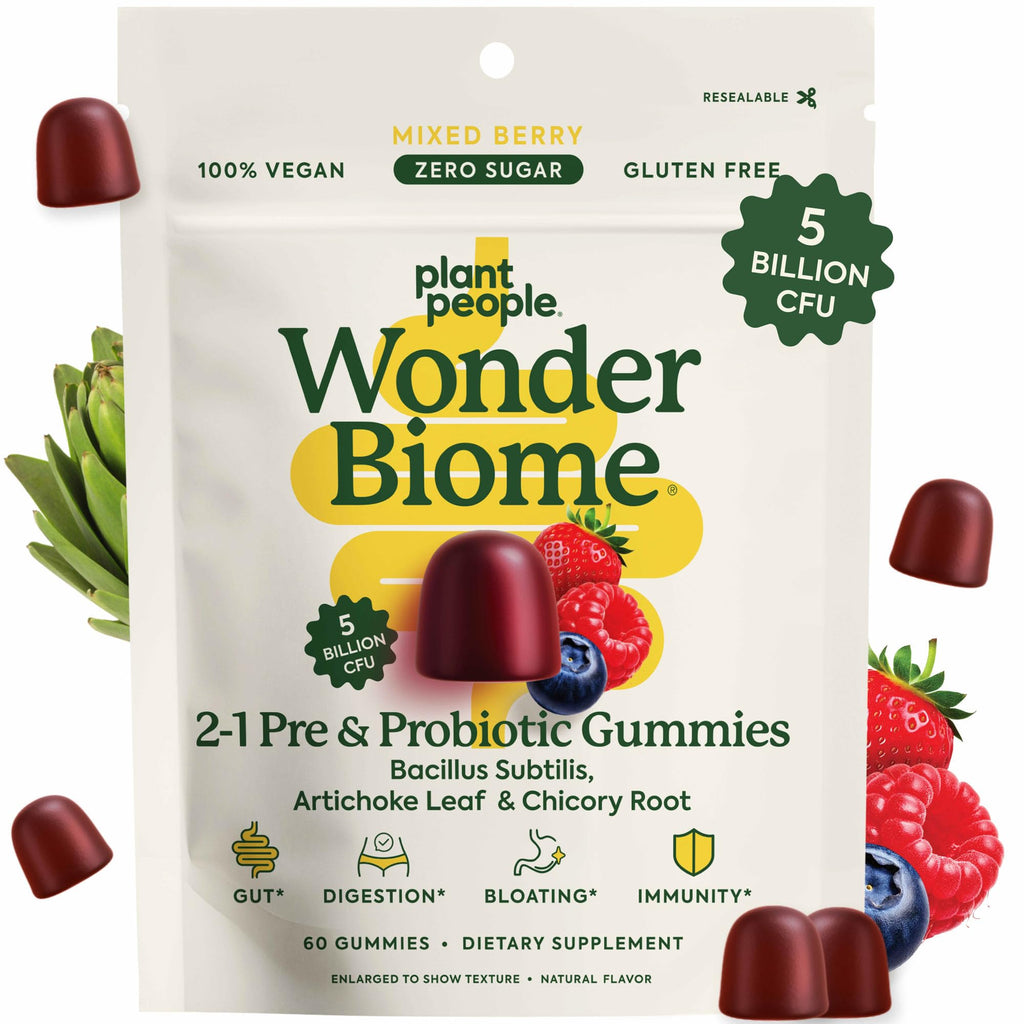 Plant People WonderBiome 2-in-1 Prebiotic + Probiotic Gummies – Zero-Sugar Vegan Digestive Health & Bloating Relief – 5 Billion CFU Bacillus Subtilis DE111 + Artichoke & Chicory – 60 Count Plant People Au supplements
