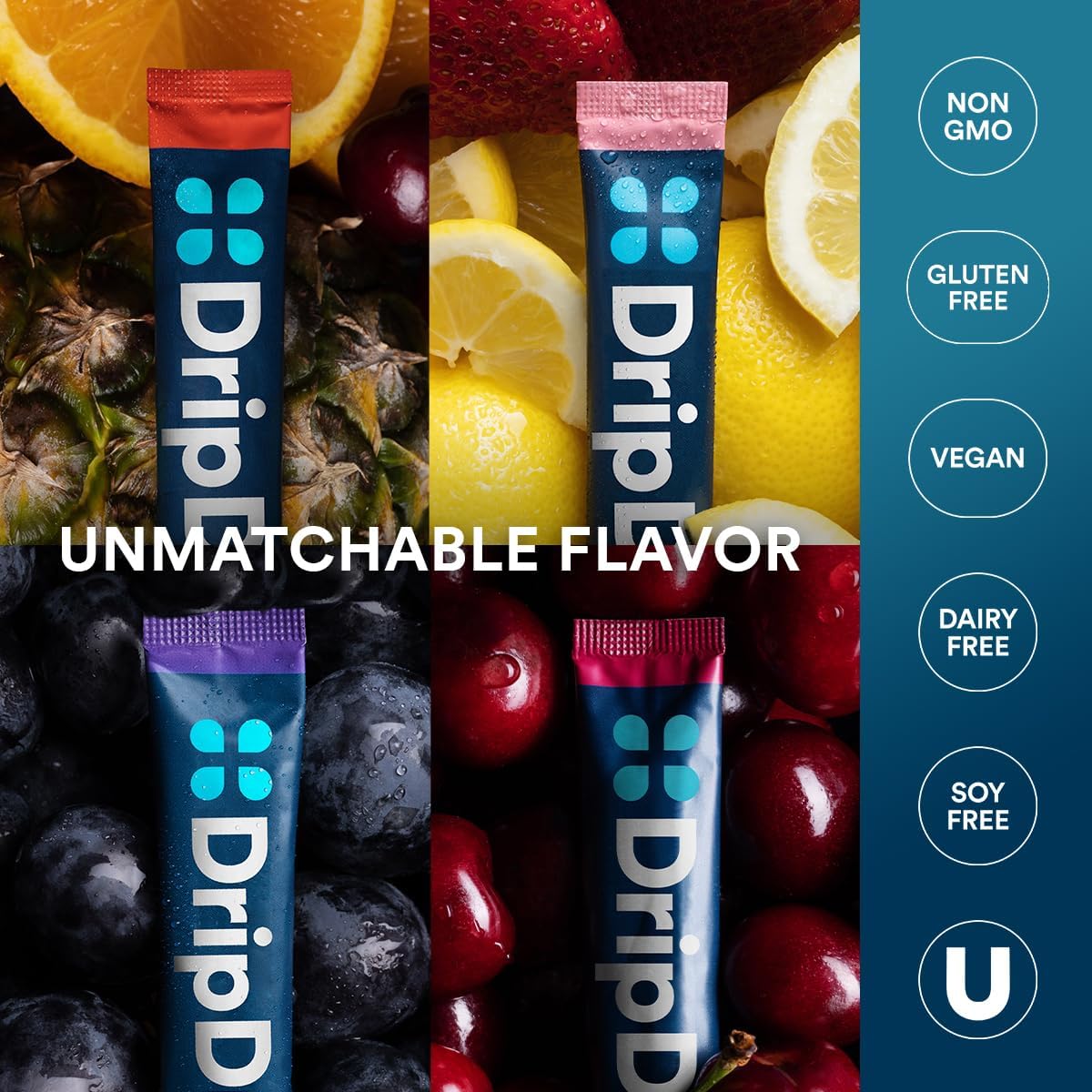 DripDrop Hydration Packets - Juicy Variety Pack - Single Serve Electrolytes Powder Drink Mix - Grape, Fruit Punch, Strawberry Lemonade, Cherry